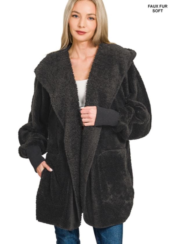 Black Hooded Faux Fur Jacket