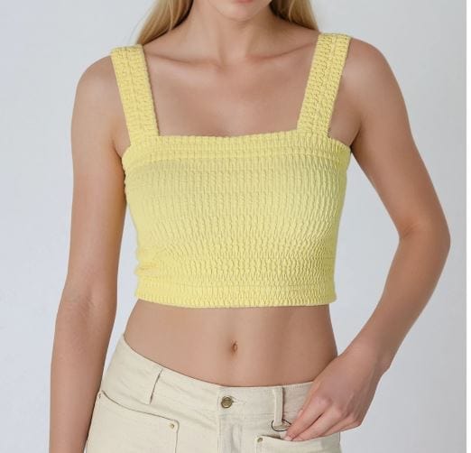 Pale Lemon Shirred Square Crop Top