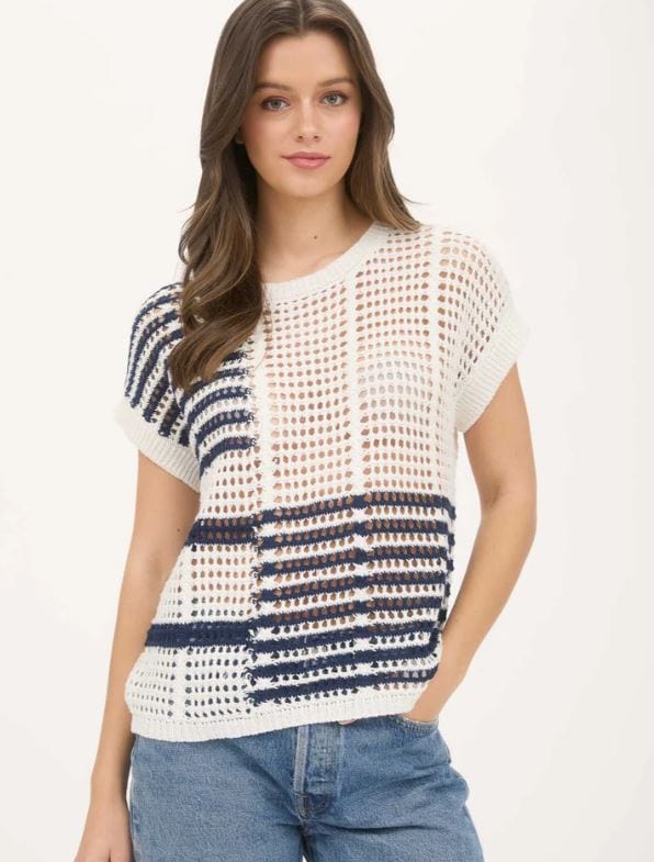 White & Navy Multi Stripe Crochet Knit Top