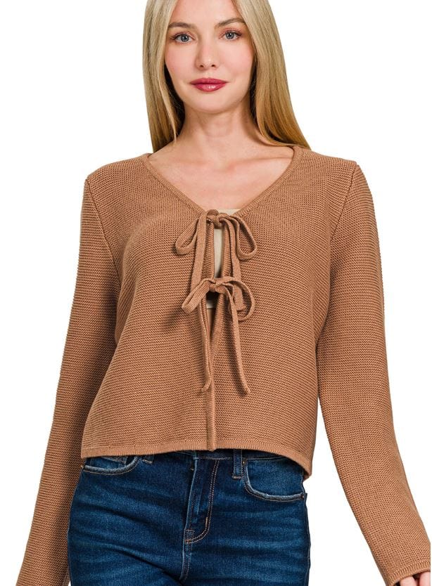 Deep Camel Front Tie Sweater Cardigan