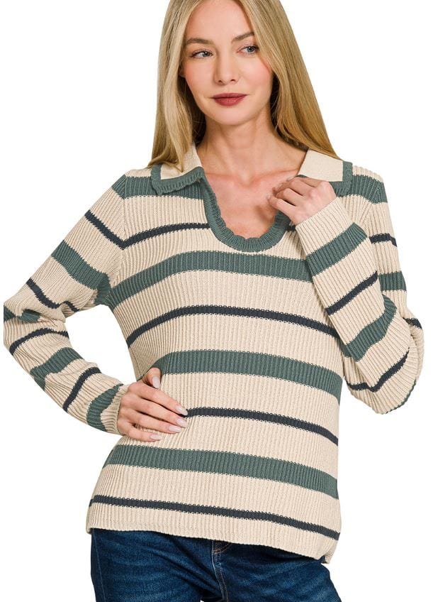 Ash Jade Striped Ribbed Collared Sweater