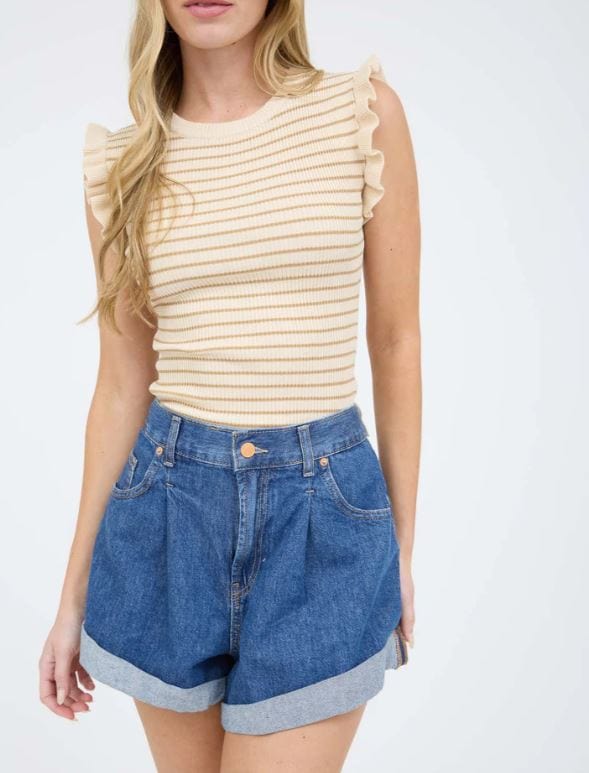 Lt Khaki Stripe Ruffle Sleeveless Sweater