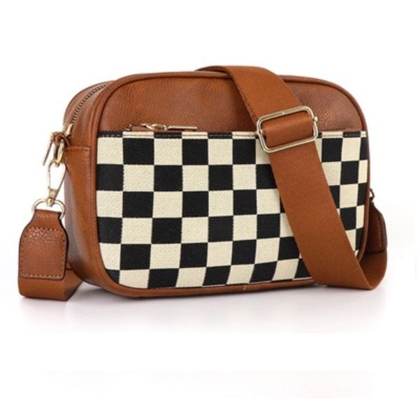 Camel Checkered Crossbody Camera Bag