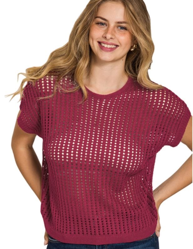 Cabernet Crochet Knit Short Sleeve Sweater