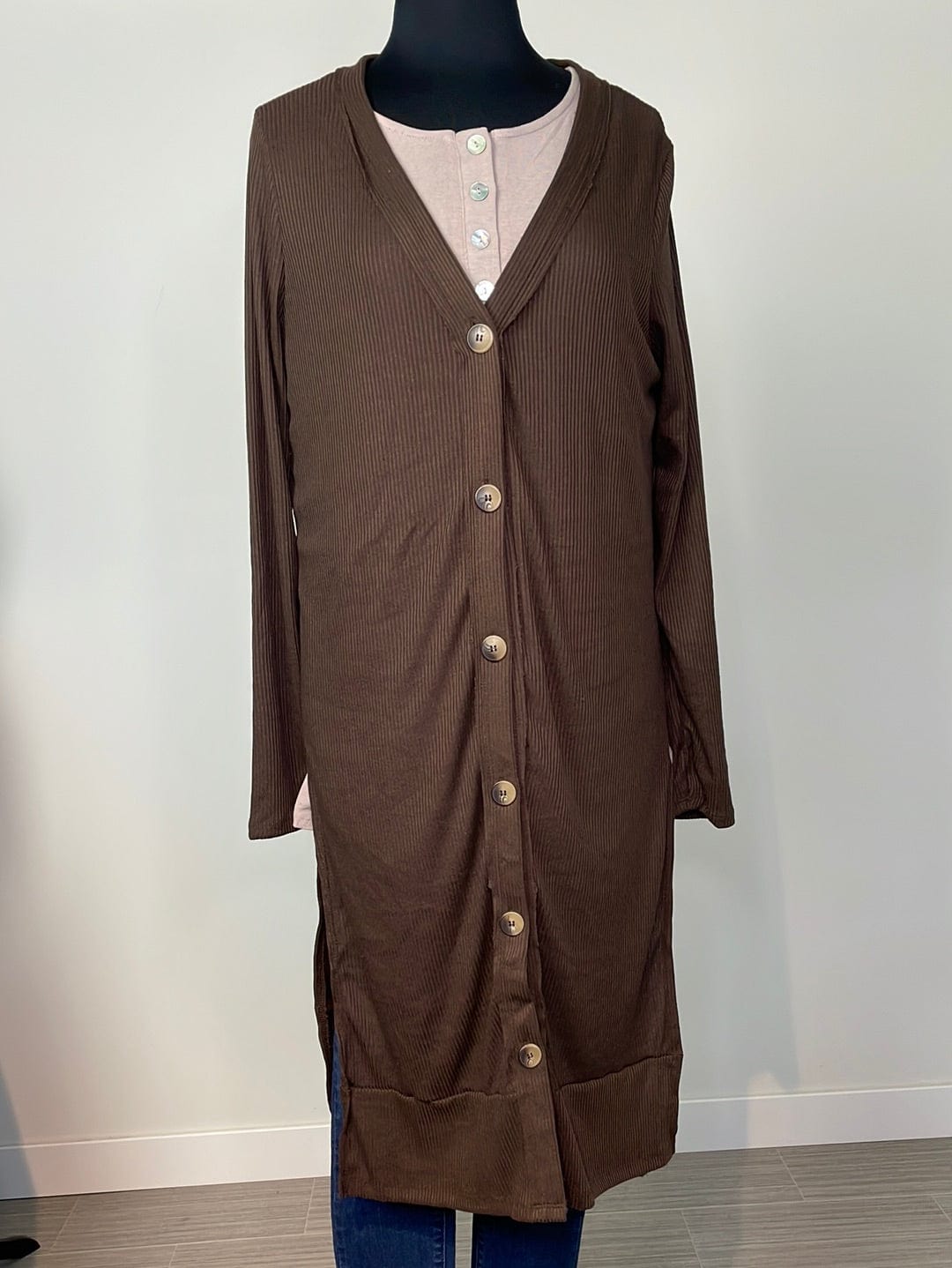 Brown Ribbed Long Cardigan