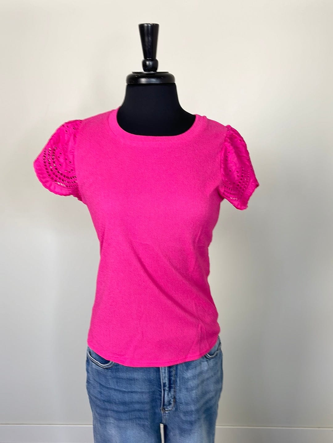 Fuchsia Eyelet Contrast Sleeve Top
