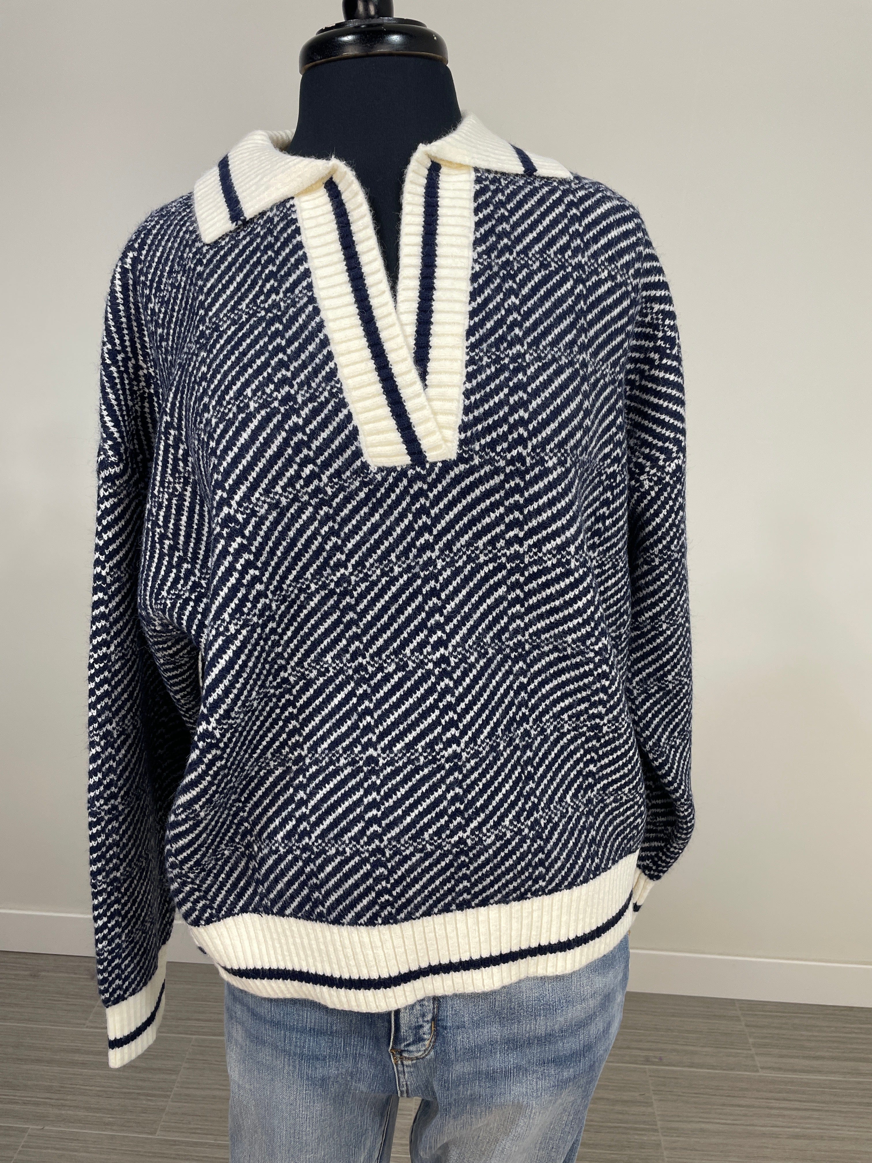 Navy Geometric Stripe Collar Sweater