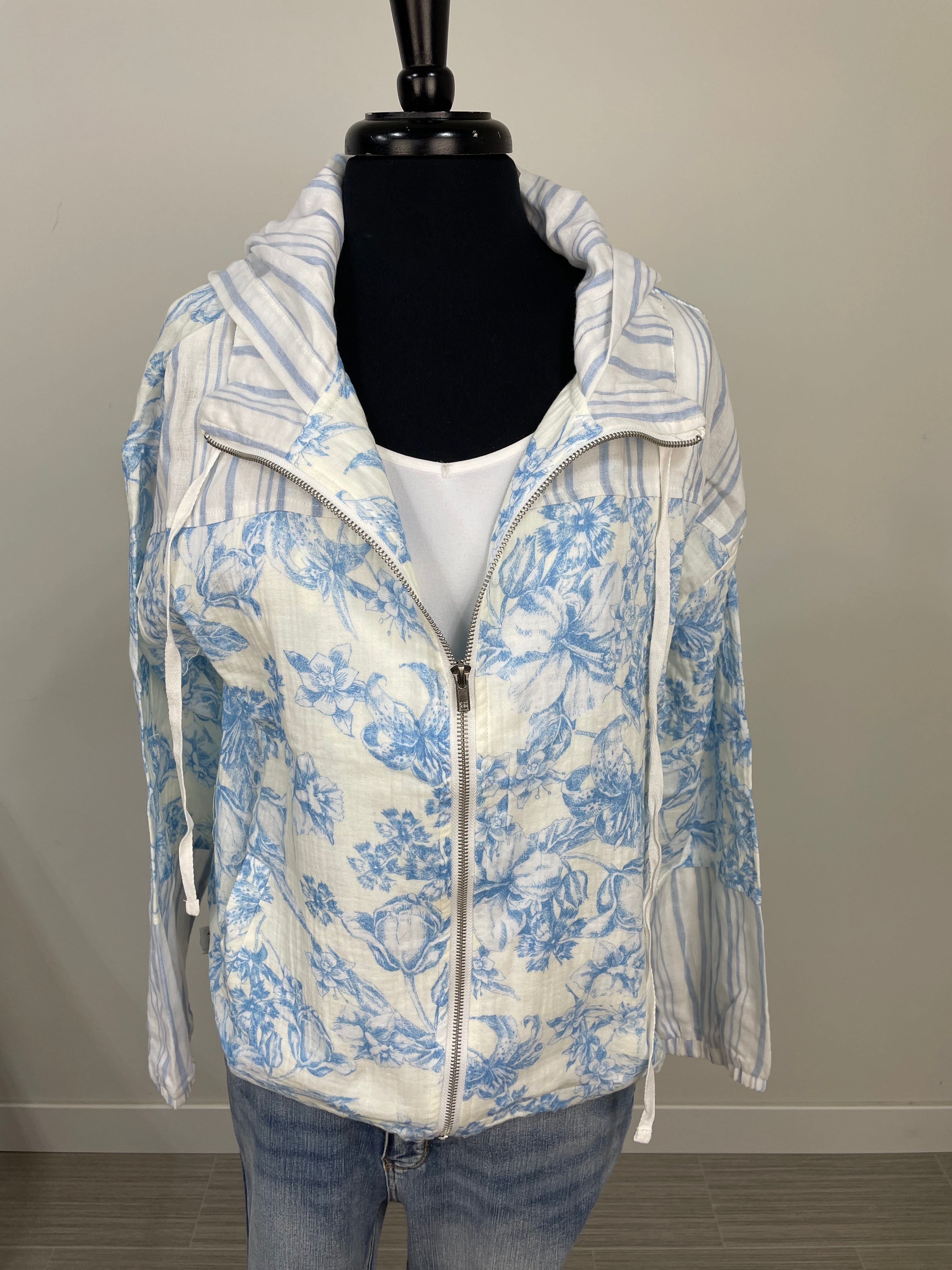 Ivory/Pale Blue Floral & Stripe Hoodie Jacket