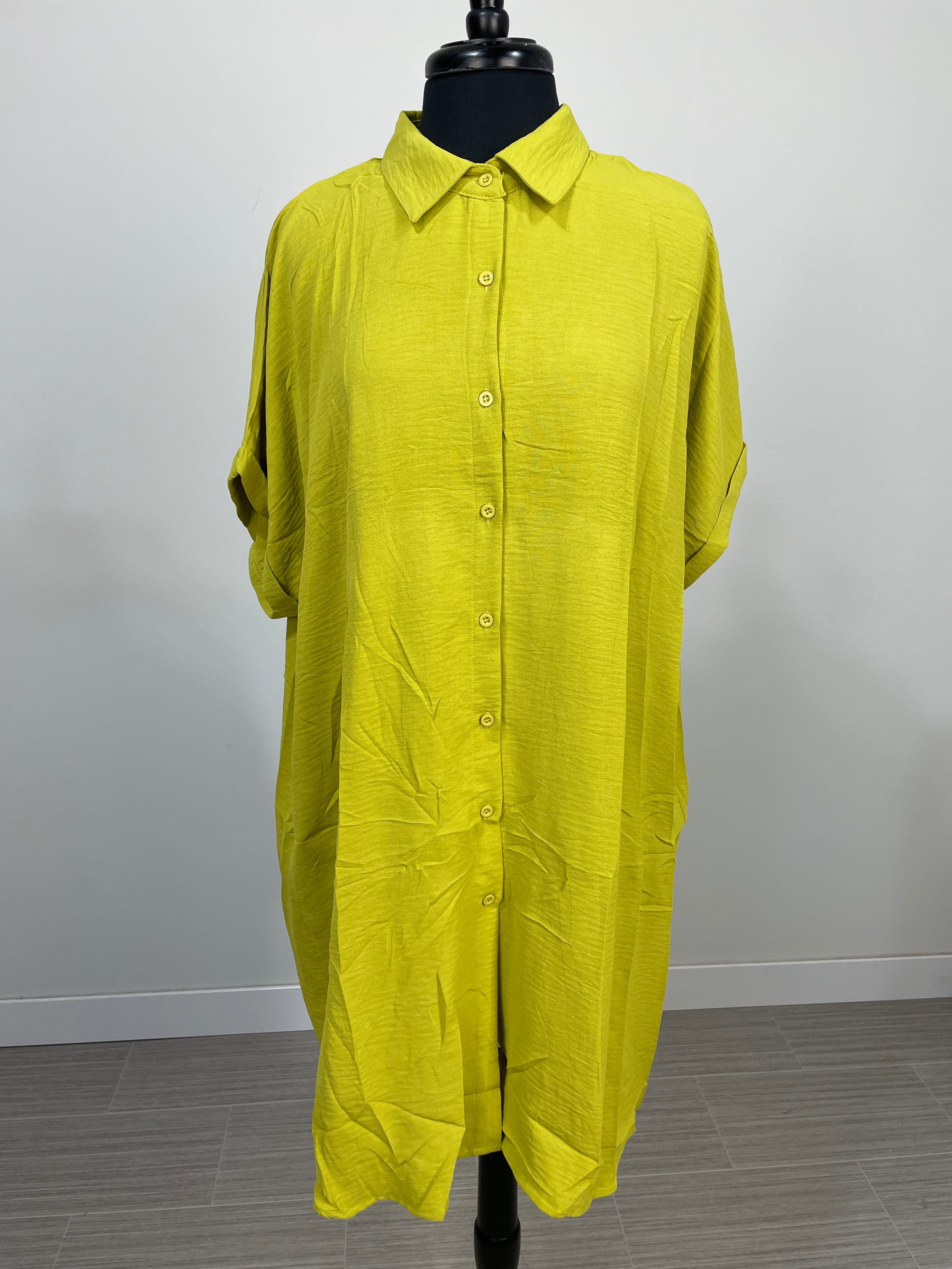 Pear Rolled Sleeve Button Dress