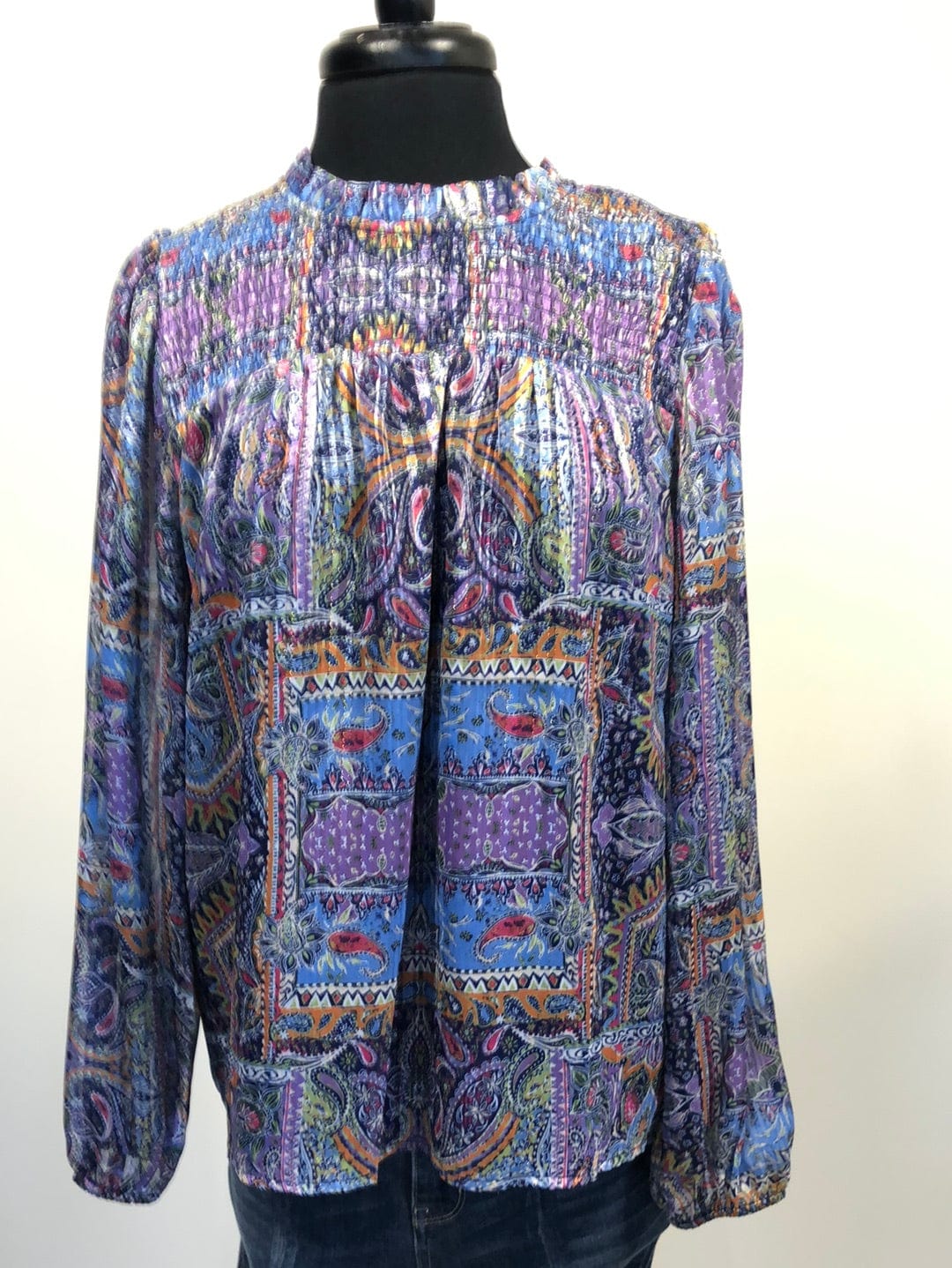 Lavender Printed Smocking Detail Blouse