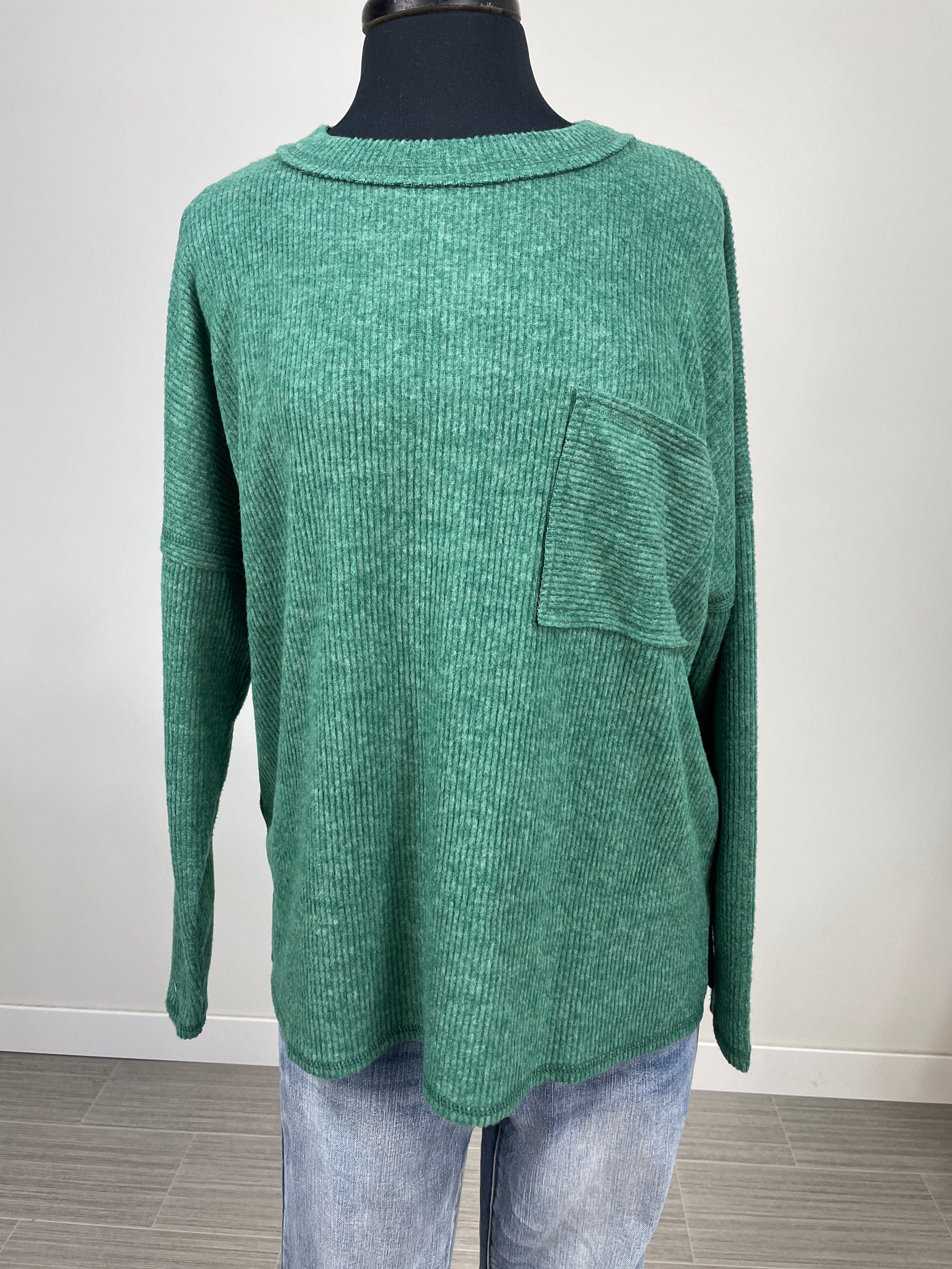 Dark Green Cozy Brushed Pocket Top