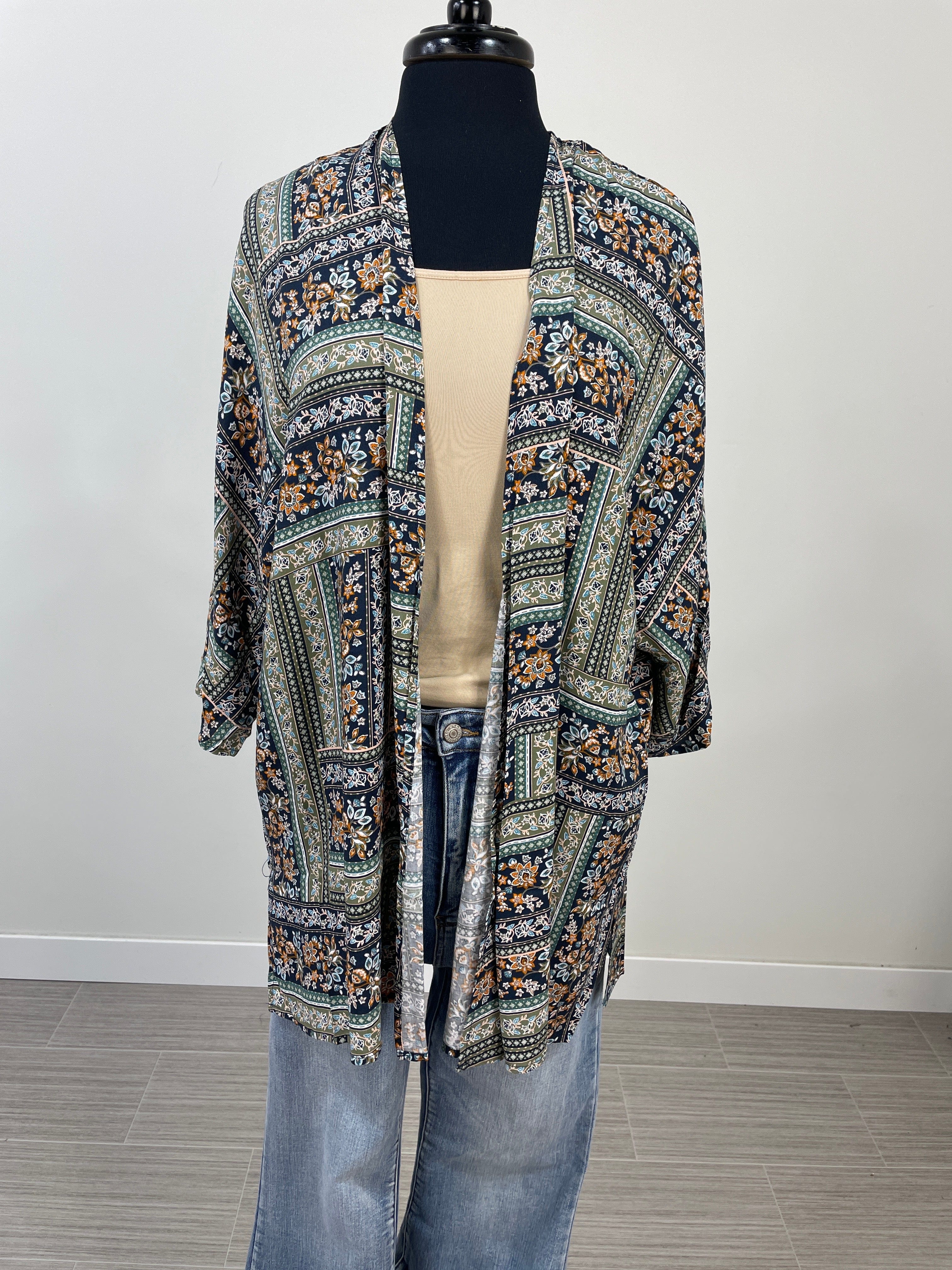 Navy & Olive Floral Kimono