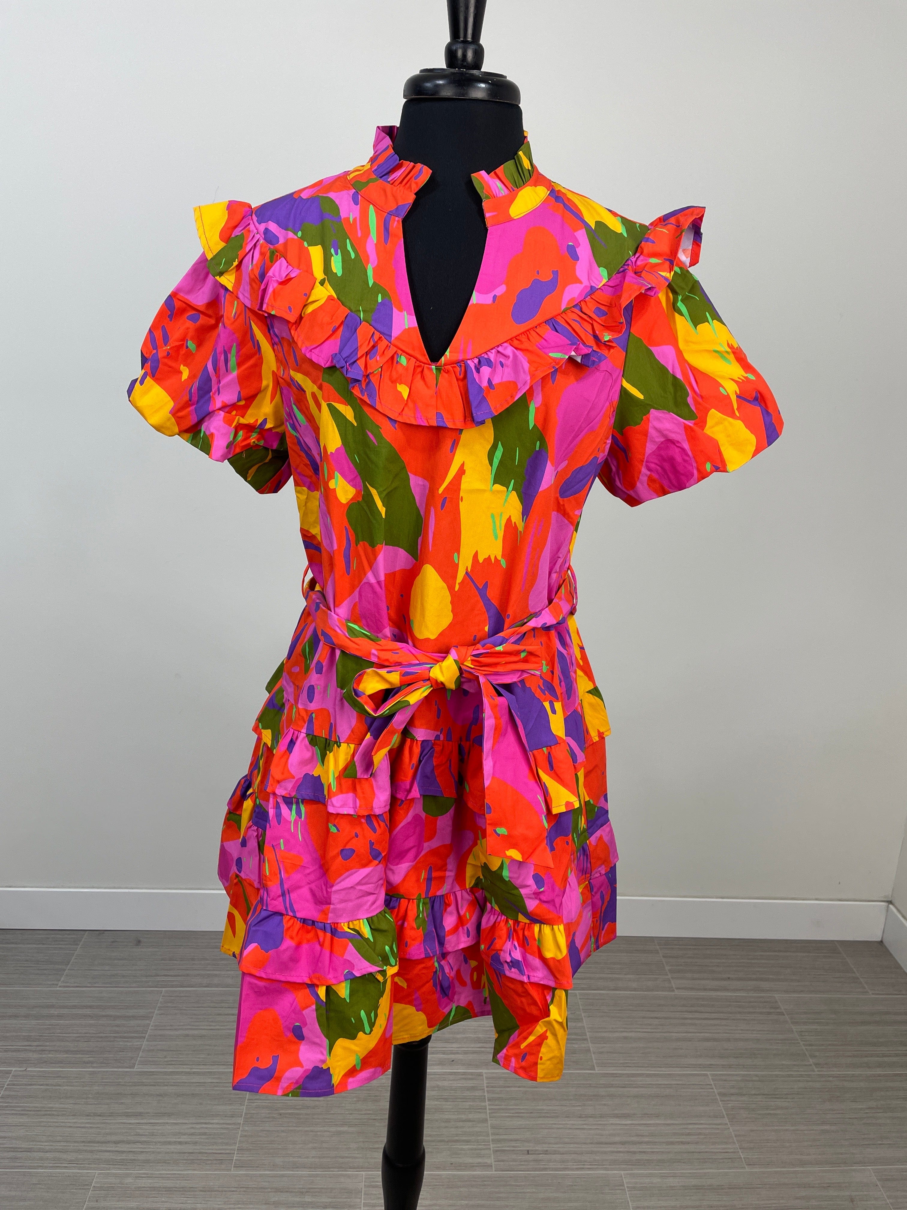 Multi Print Self Tie Mini Dress