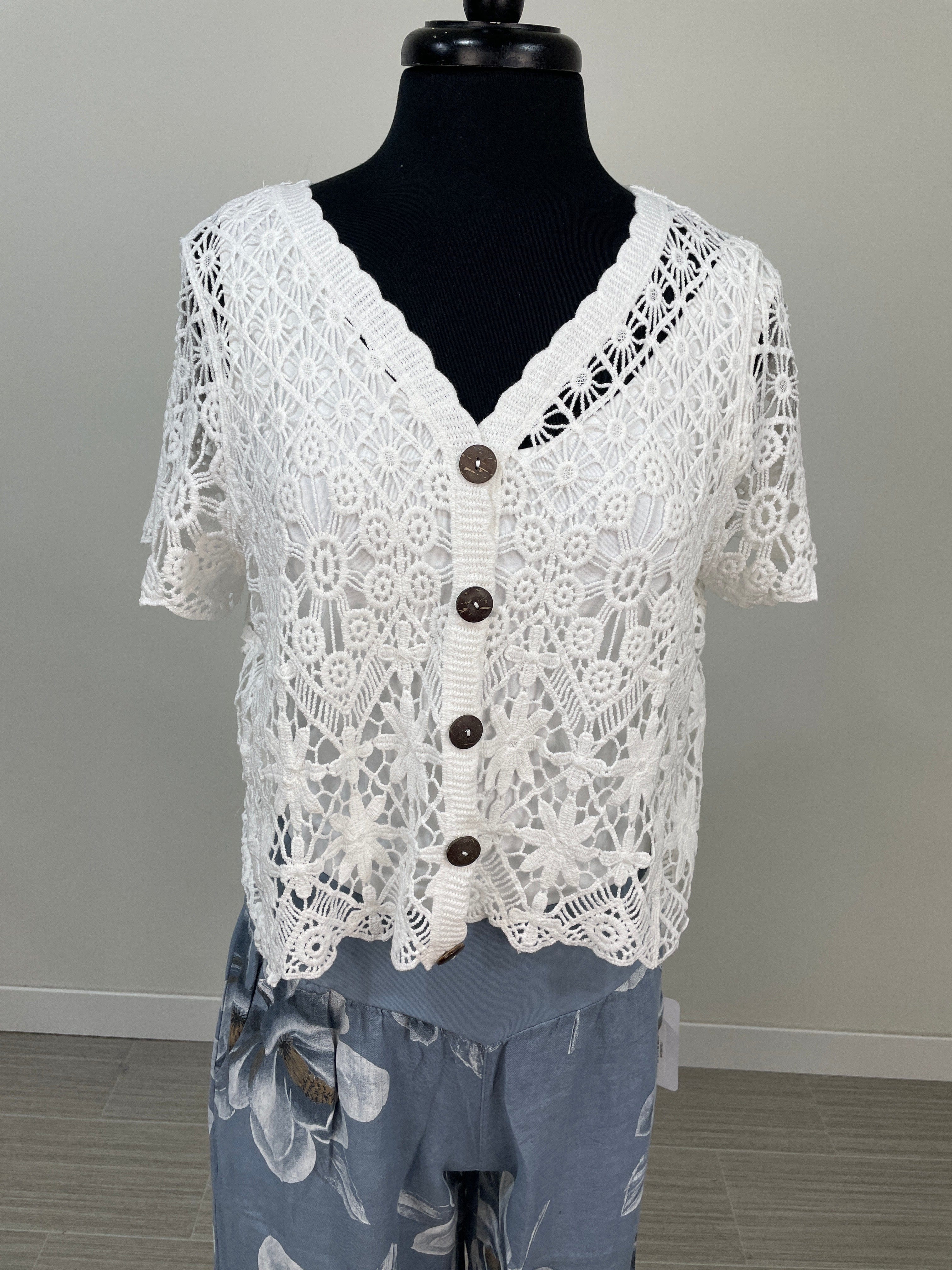 White Button Front Crochet Top