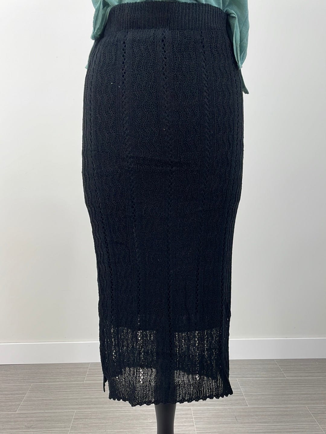 Black Open Crochet Knit Midi Skirt
