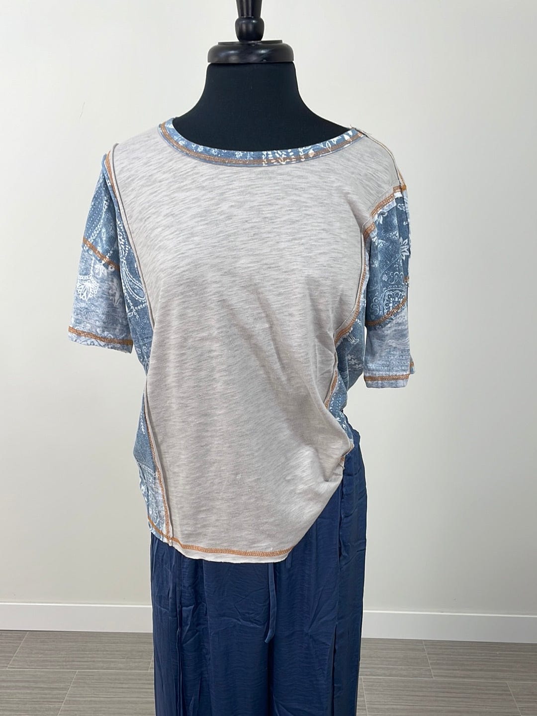 Taupe Color Block Patchwork Knit Top
