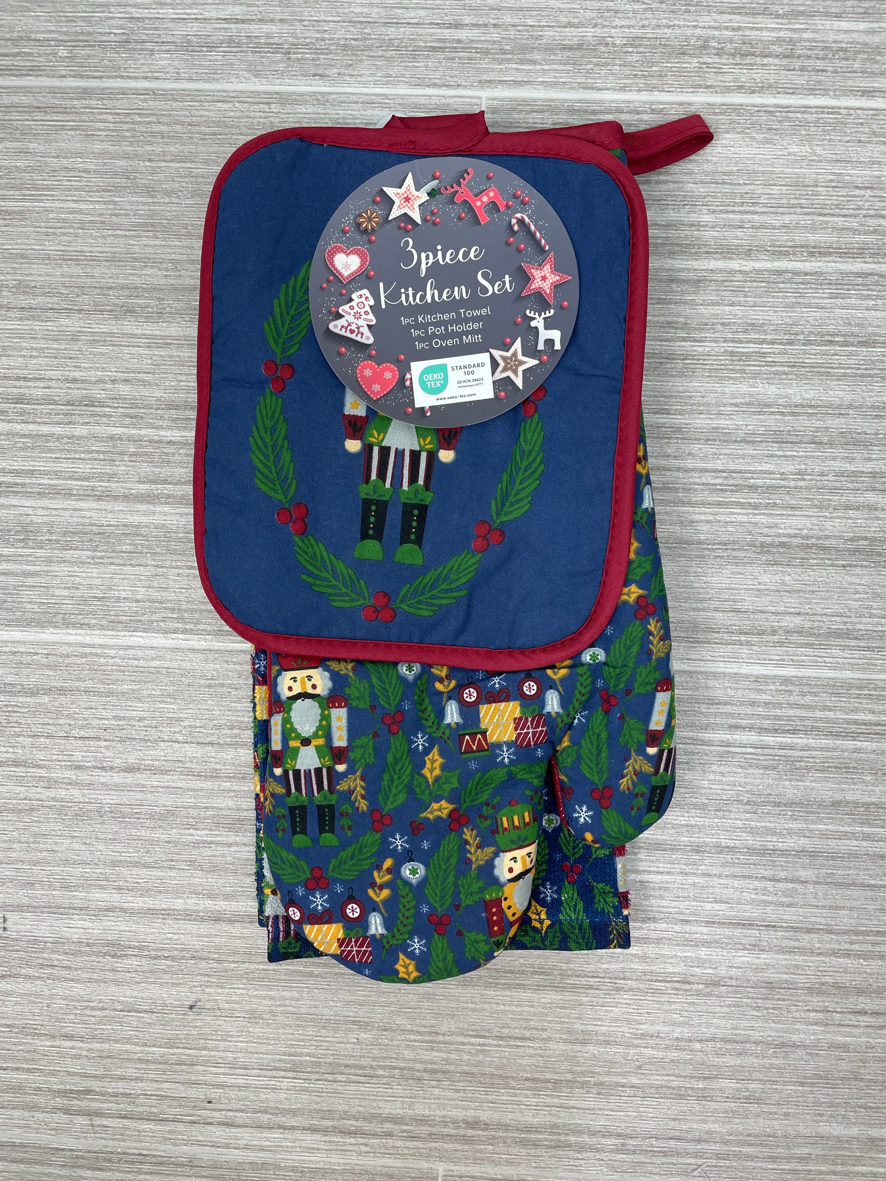 3pc Christmas Nutcracker Navy Gift Kitchen Linen Set