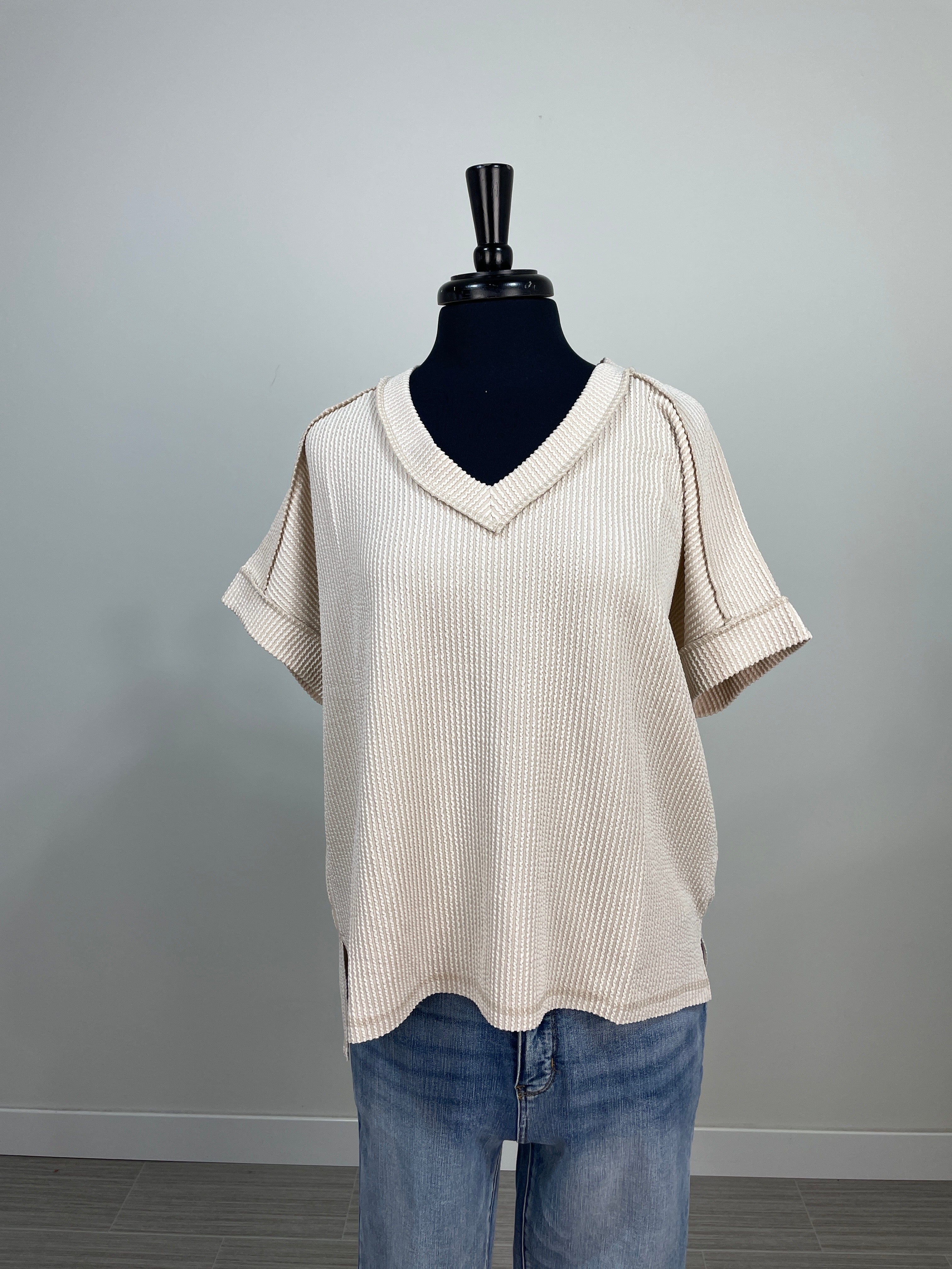 Sand Beige Corded Rib Vneck Top