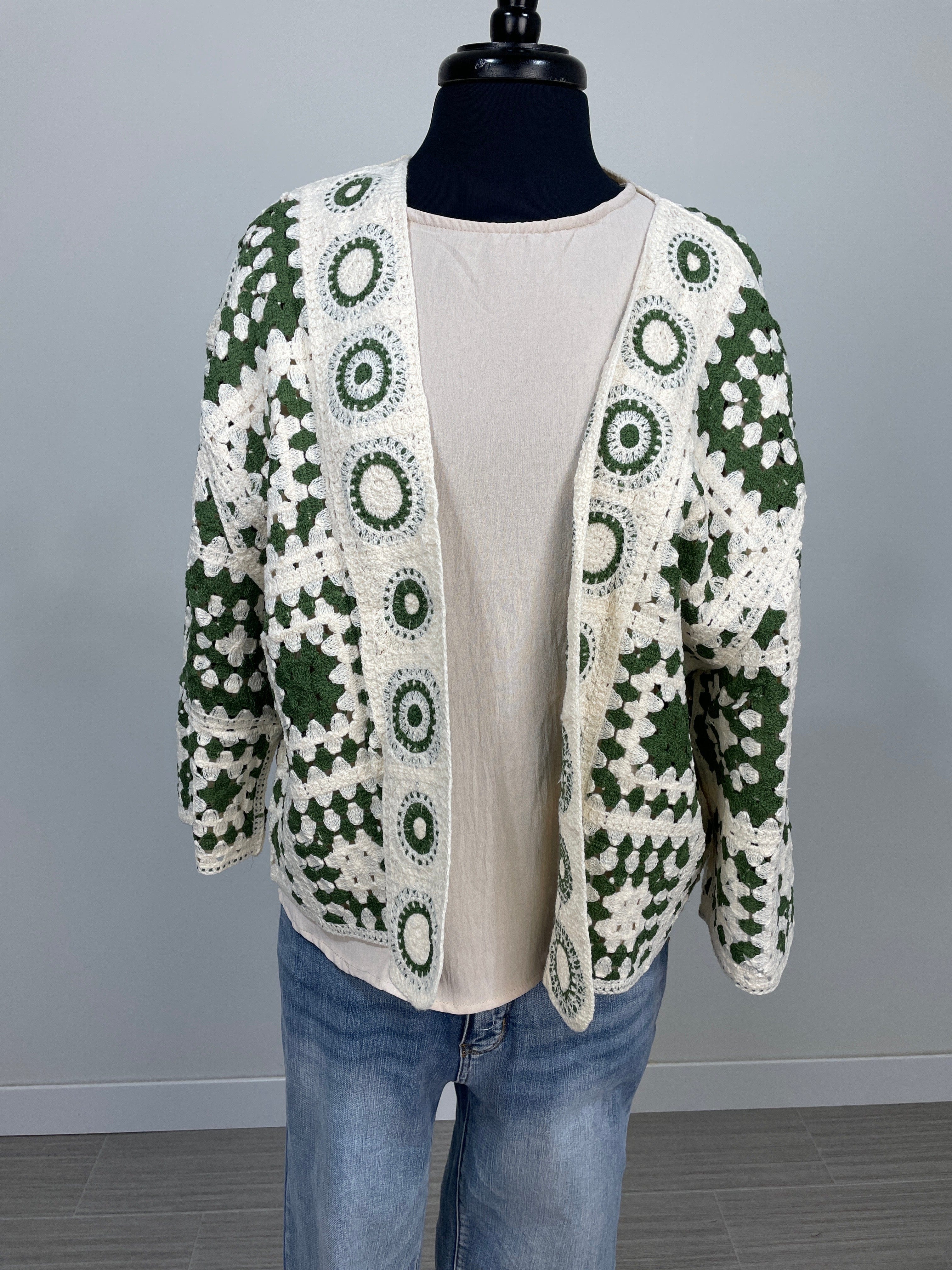 Green Open Crochet Cardigan OS