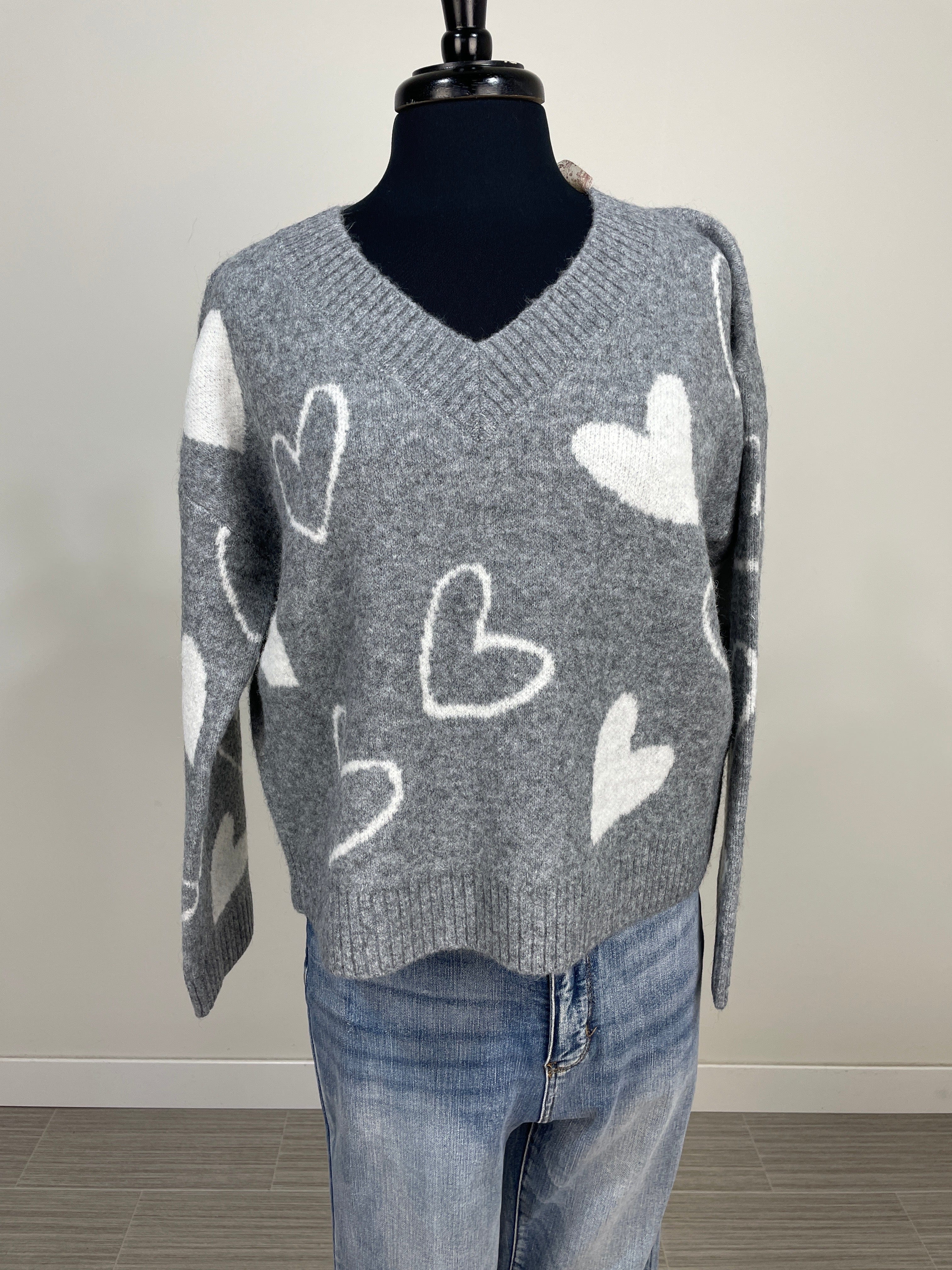 Grey Heart VNeck Sweater