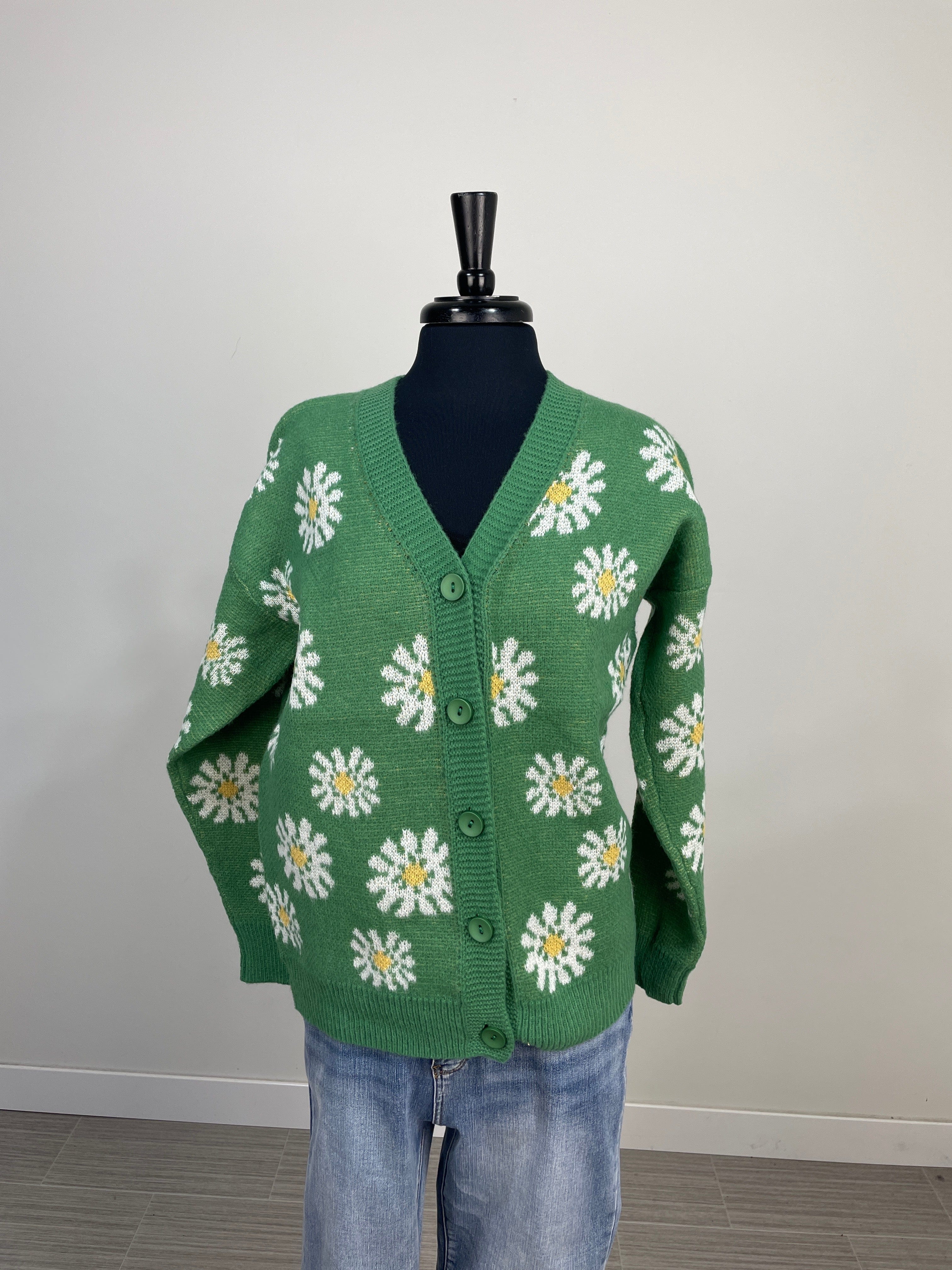 Green Floral Button Cardigan