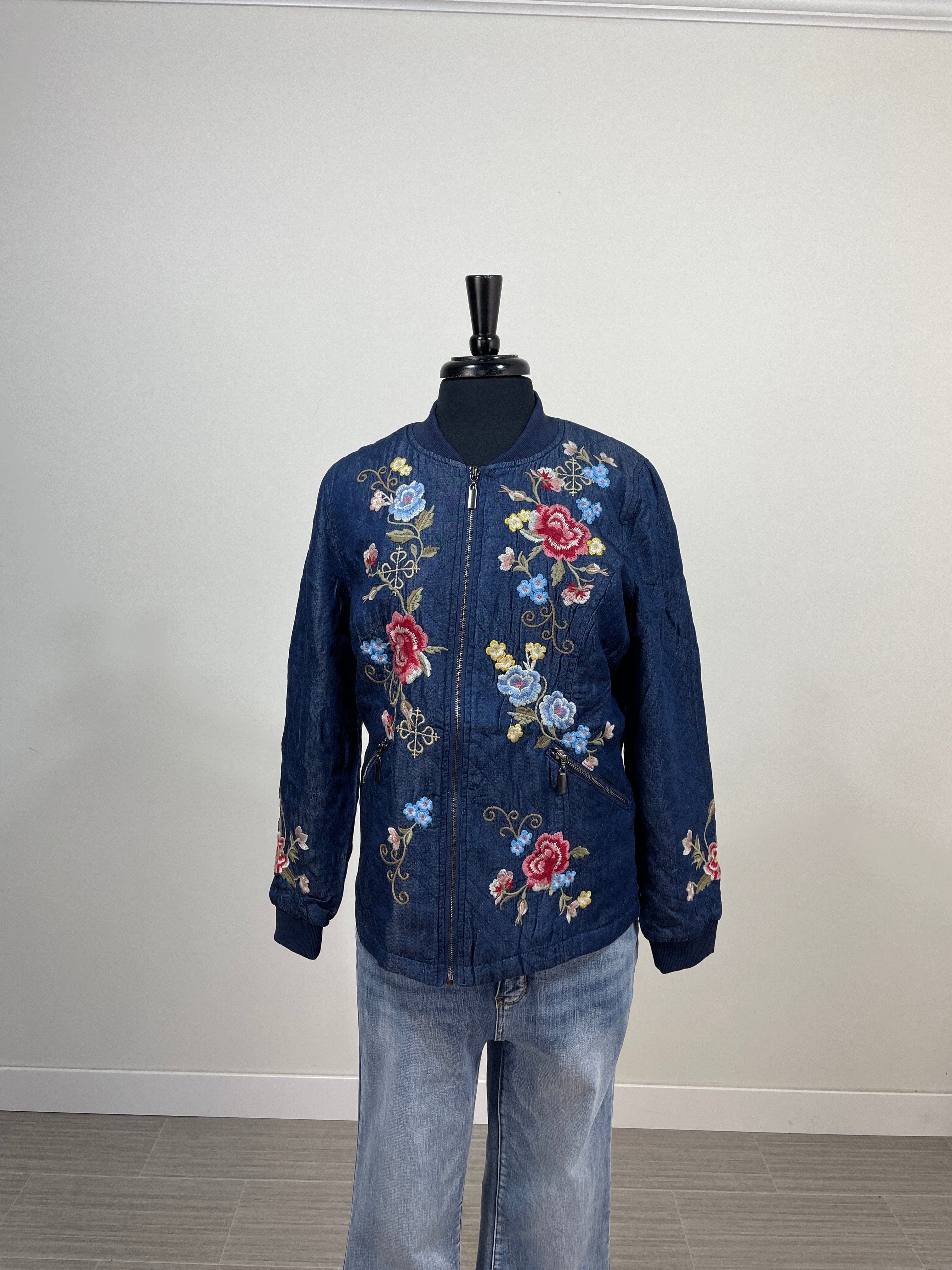 Navy Denim Floral Zipper Jacket