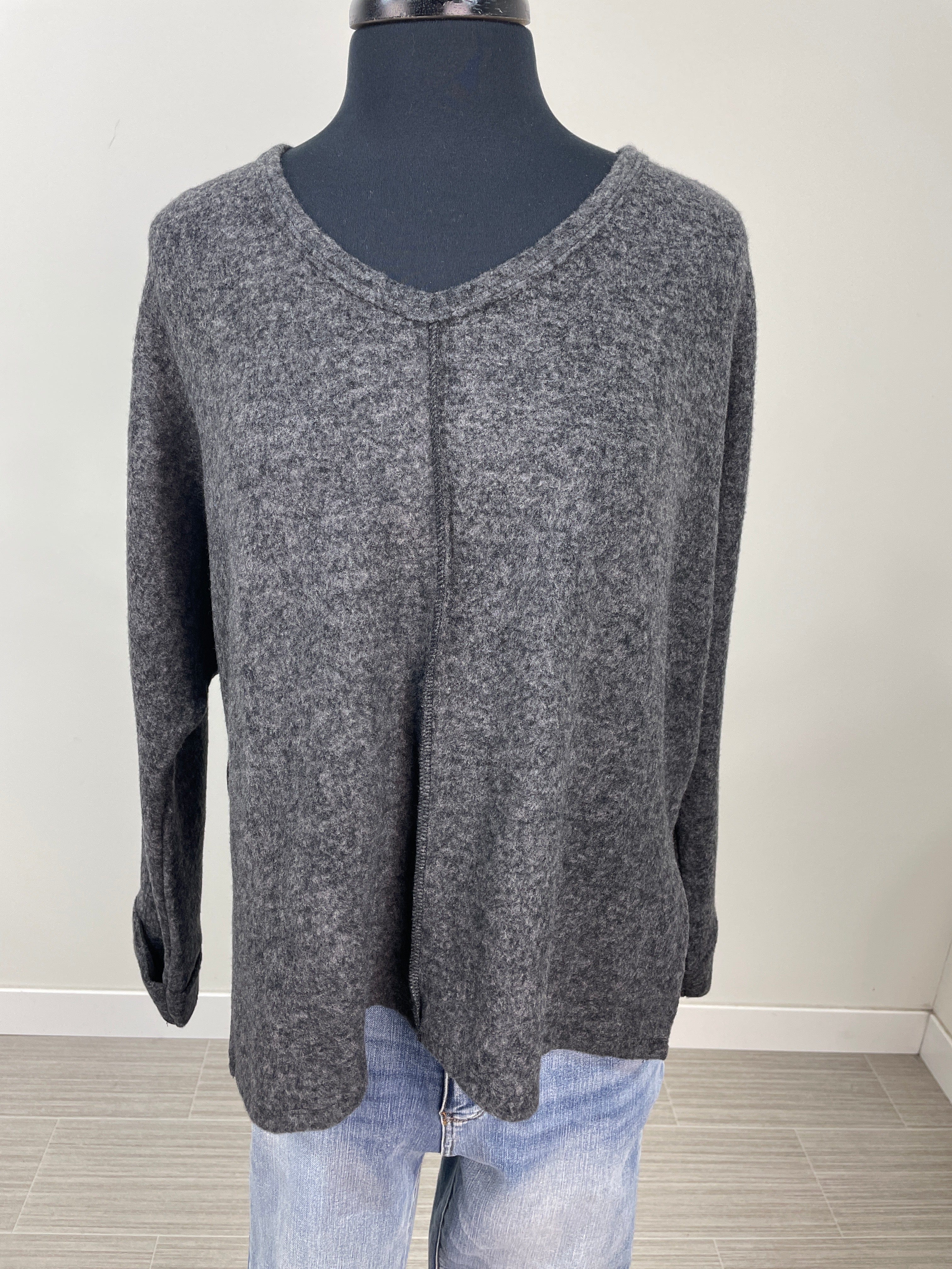 Black Brushed Hacci V-Neck Sweater