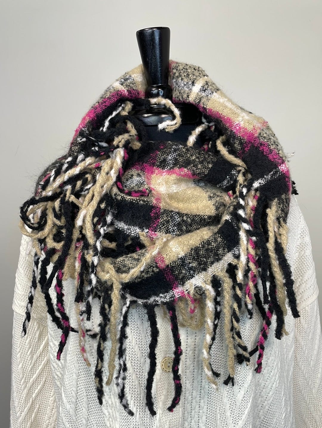 Black Plaid Infinity Fringe Scarf