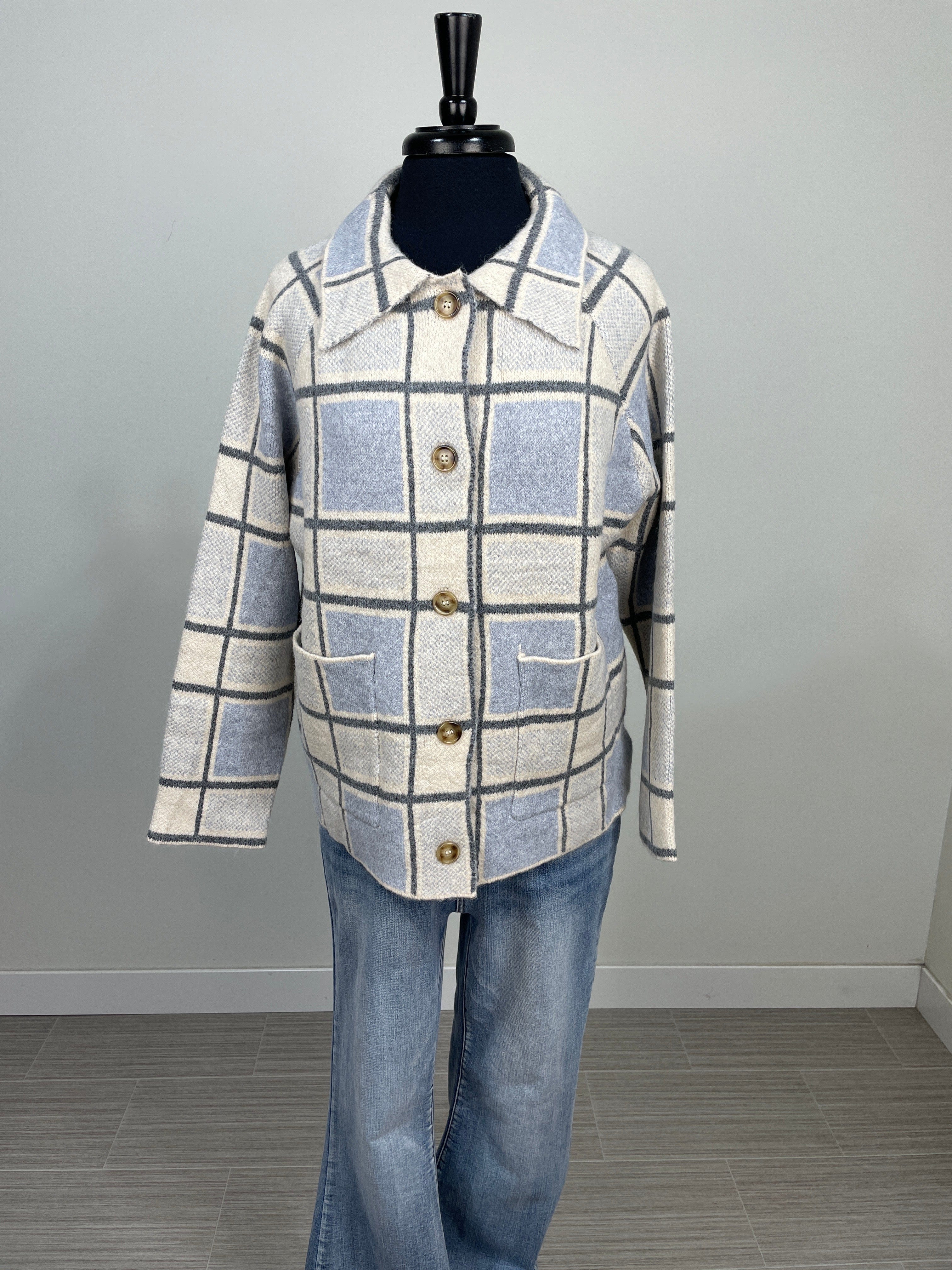 Grey & Blue Check Collared Jacket