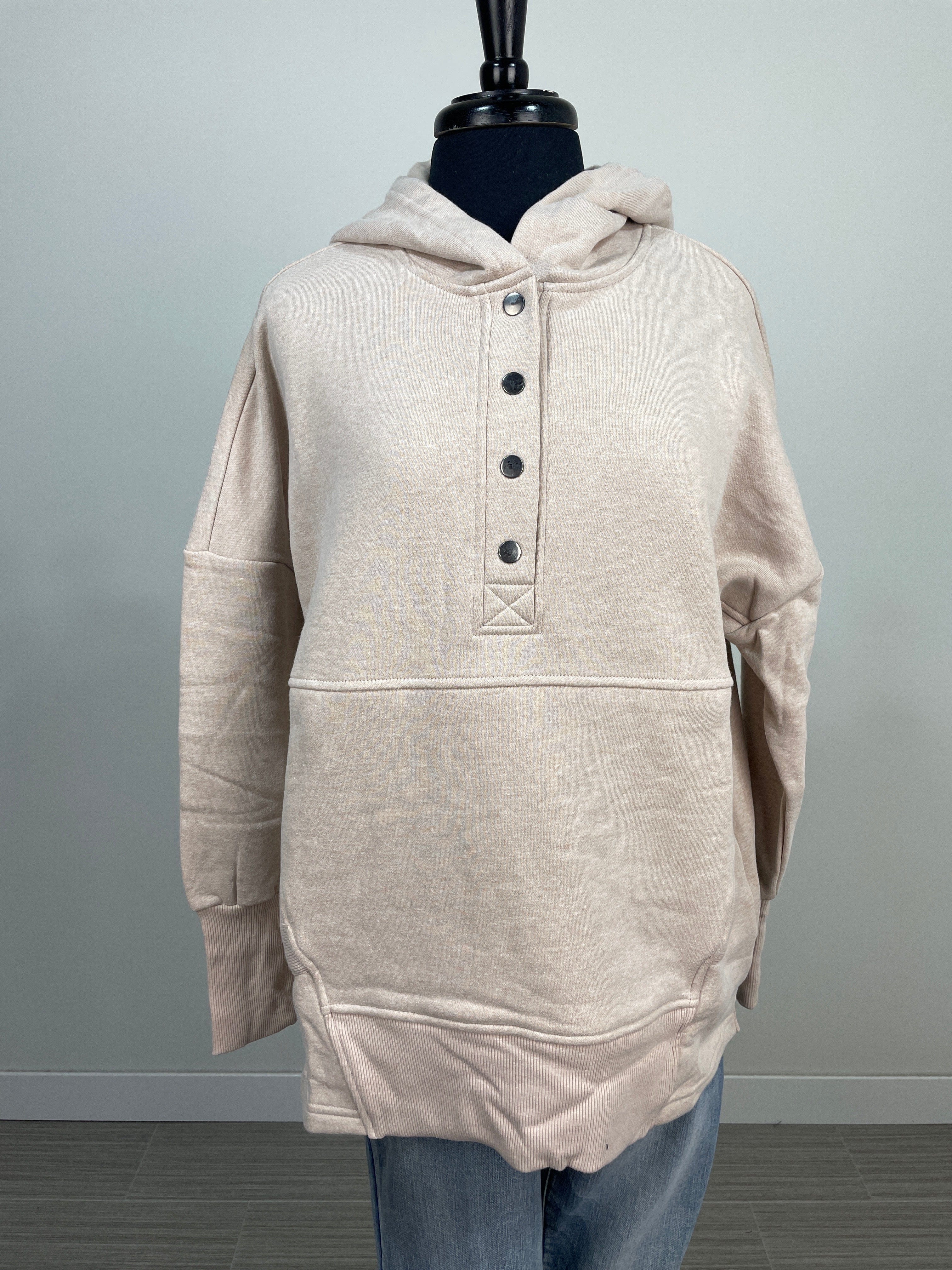 Heather Beige Half Button Hooded Pullover