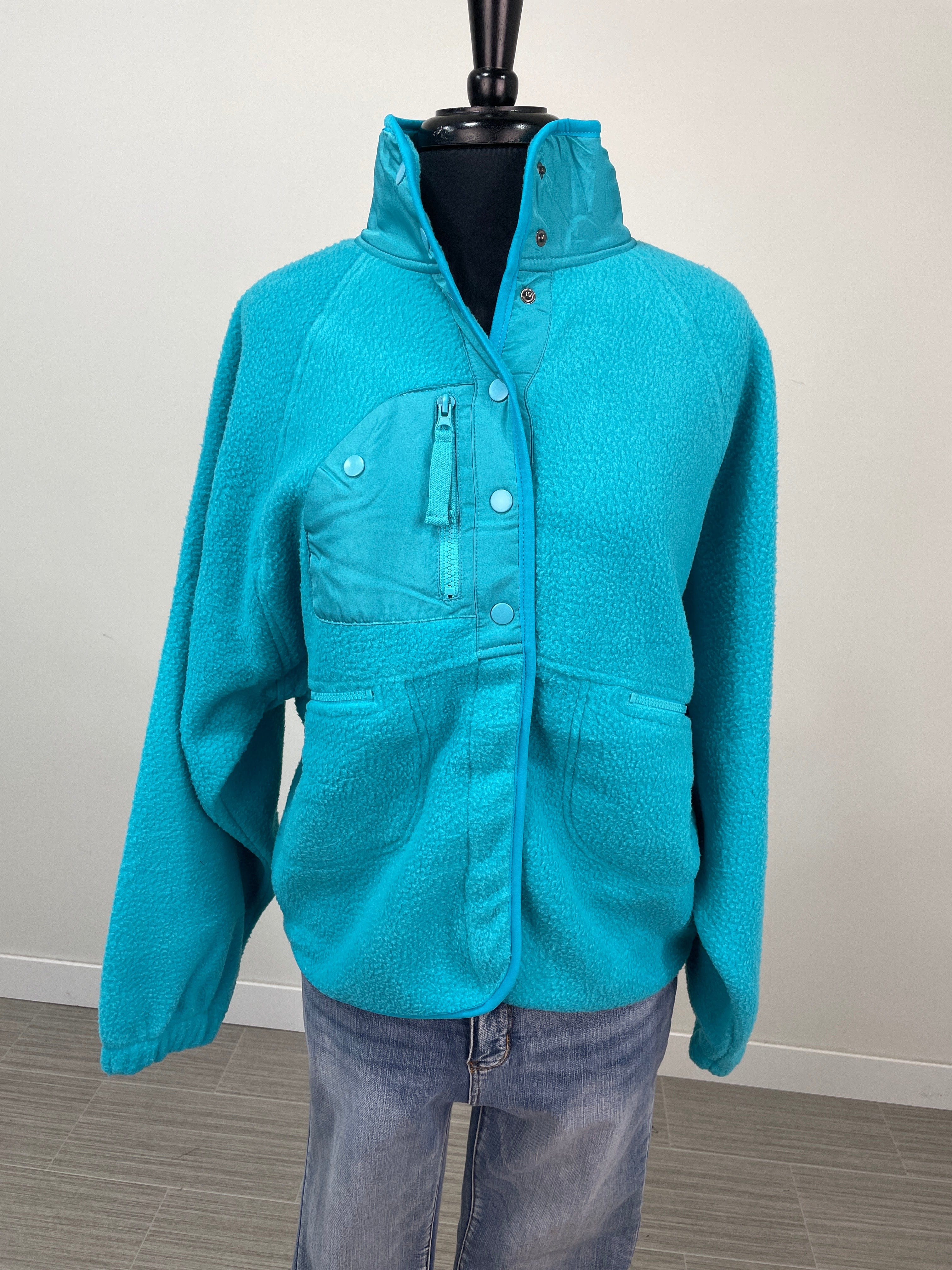 Ice Blue Snap Button Fleece Jacket