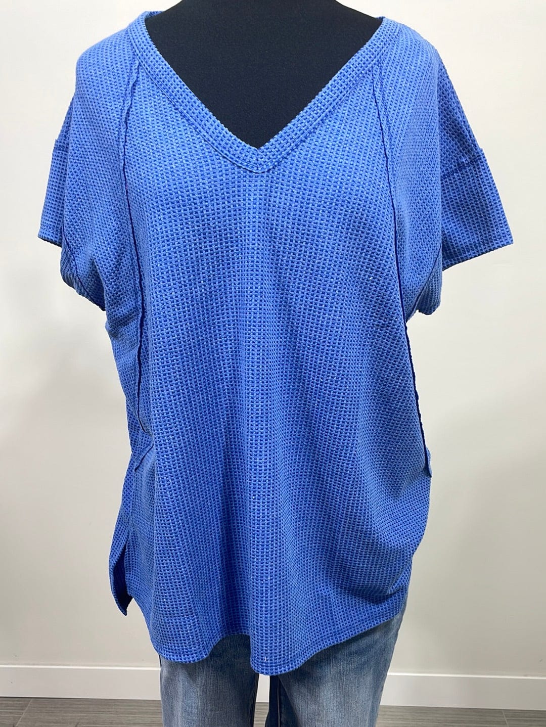Royal Blue VNeck Knit Waffle Top