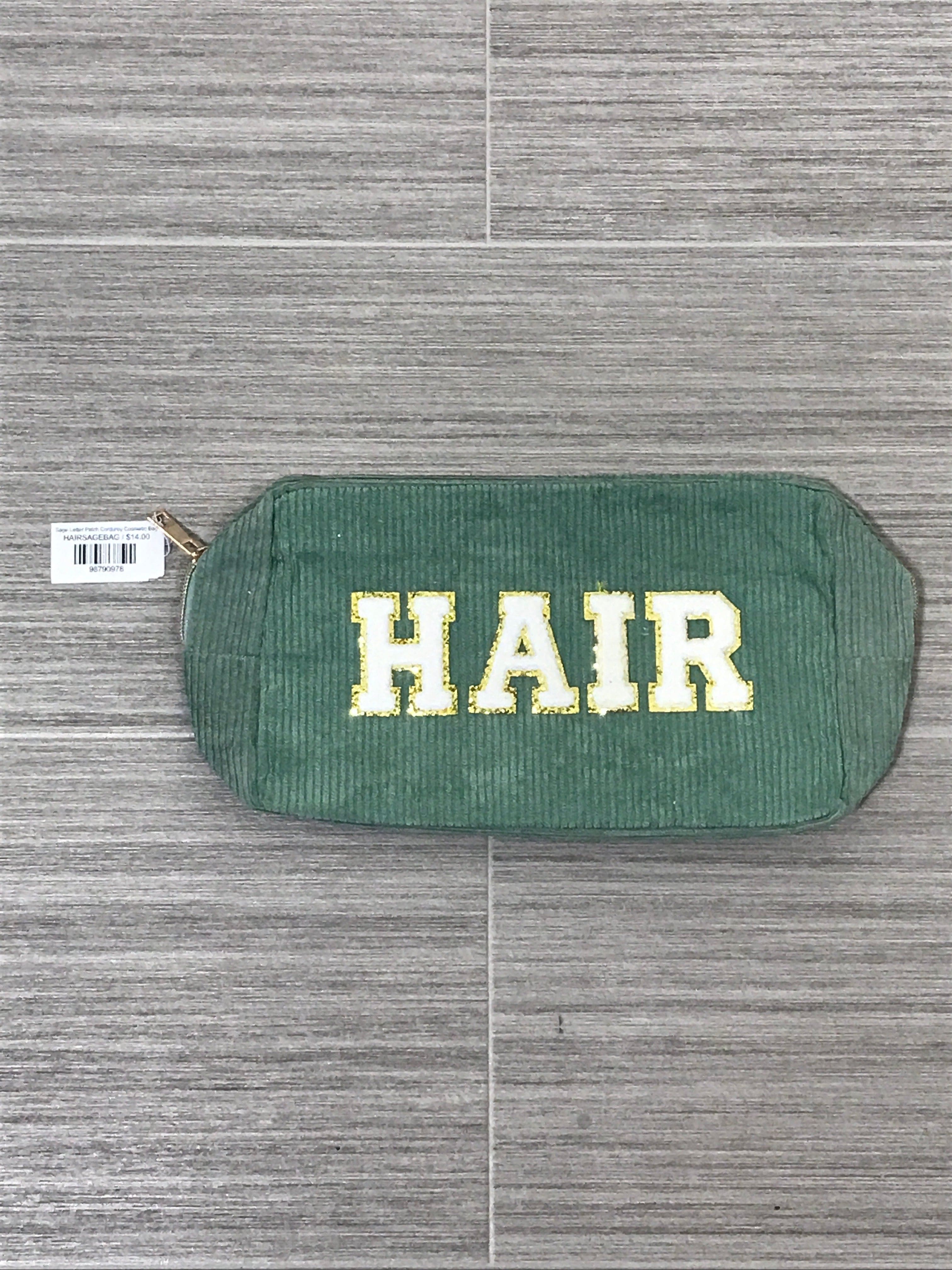 Sage Letter Patch Corduroy Cosmetic Bag