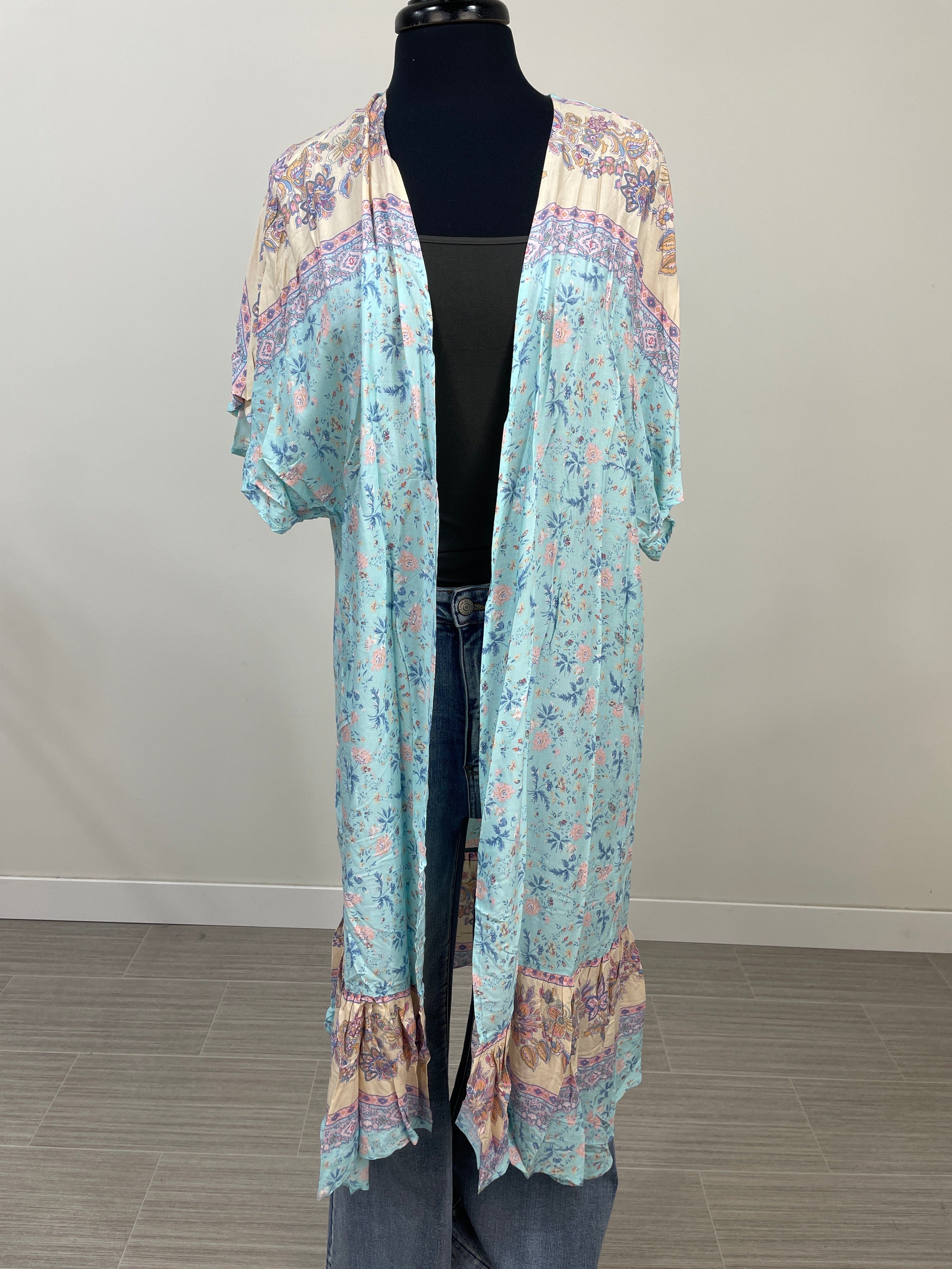 Ice Blue Floral Ruffle Hem Kimono