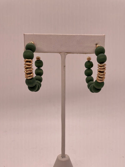 Evergreen Wood Bead & Gold Hoop Earring