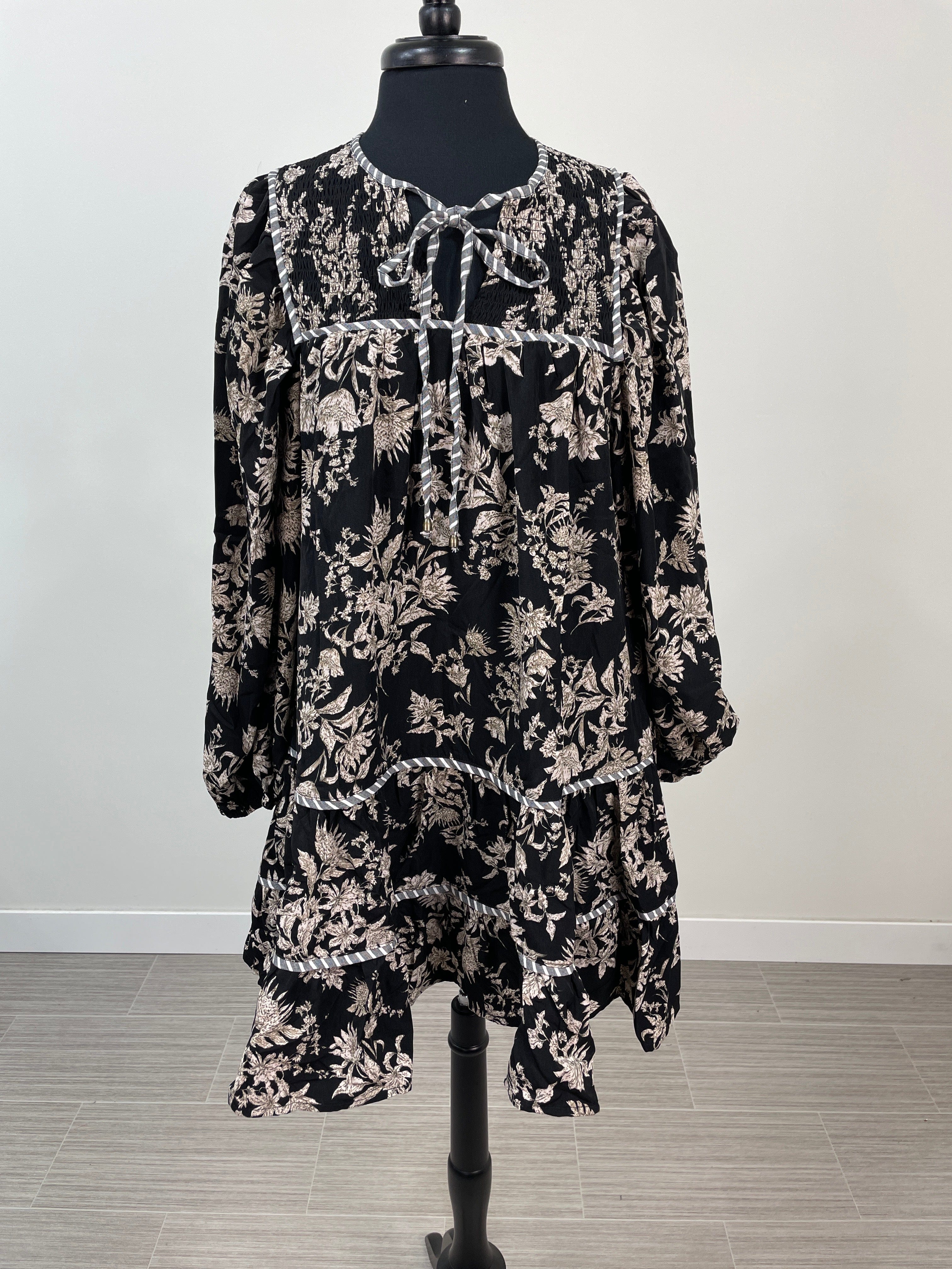 Black & Taupe Floral Smock Dress