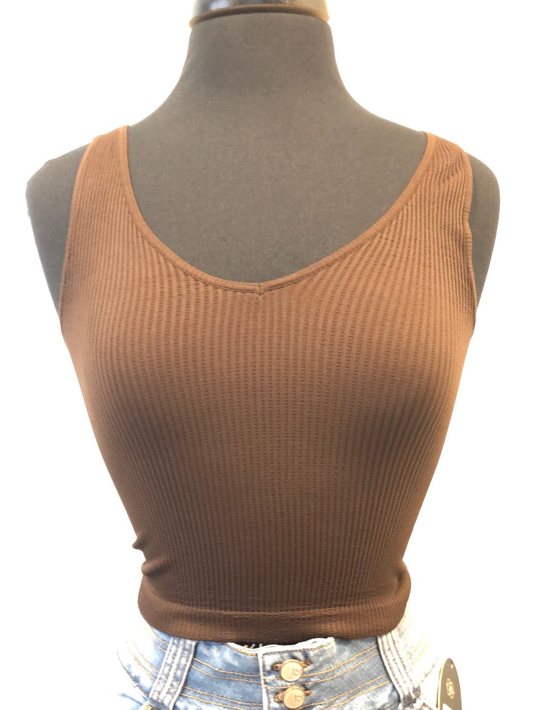 Chocolate V-Neck Ribbed Crop Top