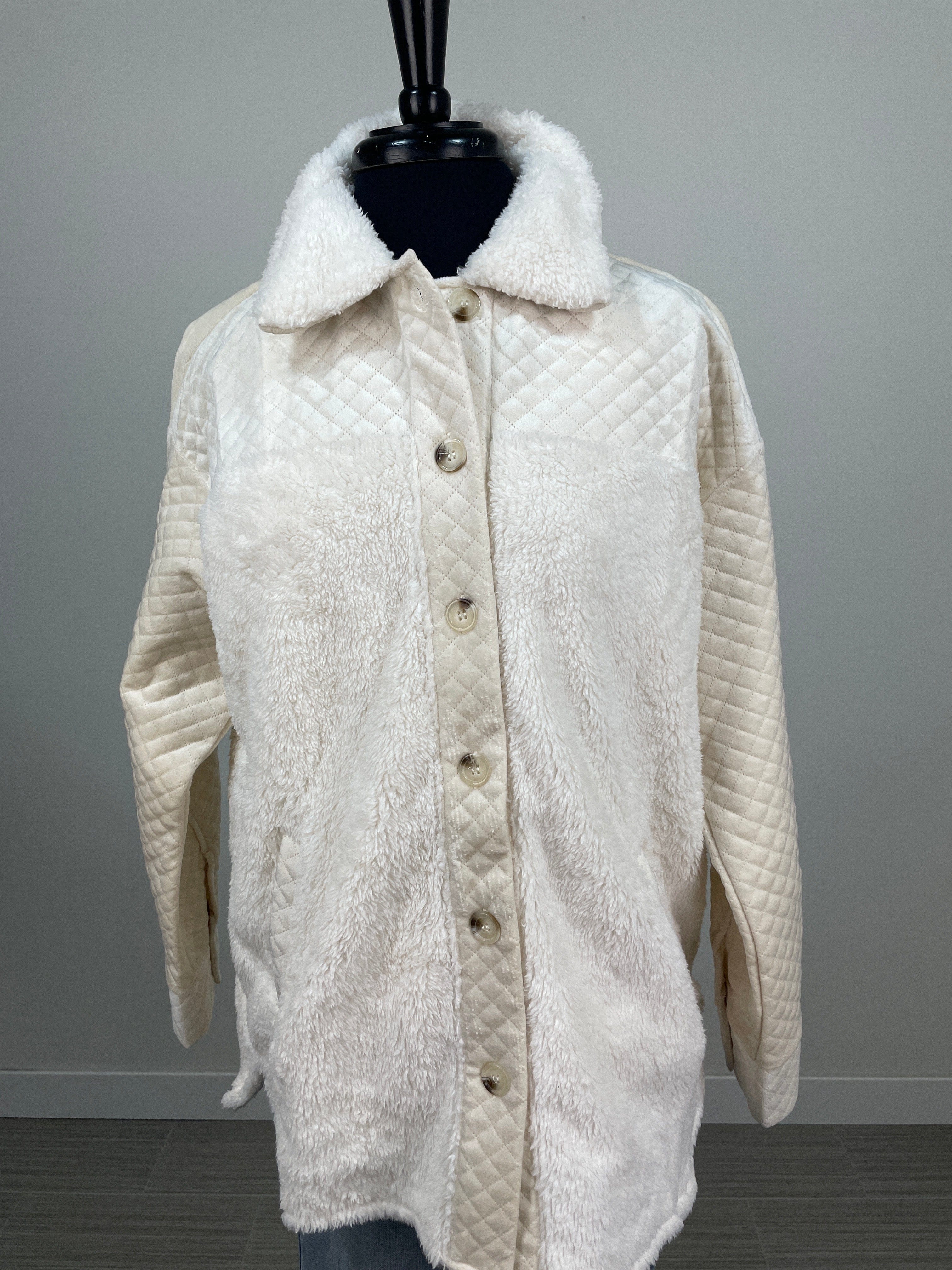 Cream Mixed Media Button-Up Jacket
