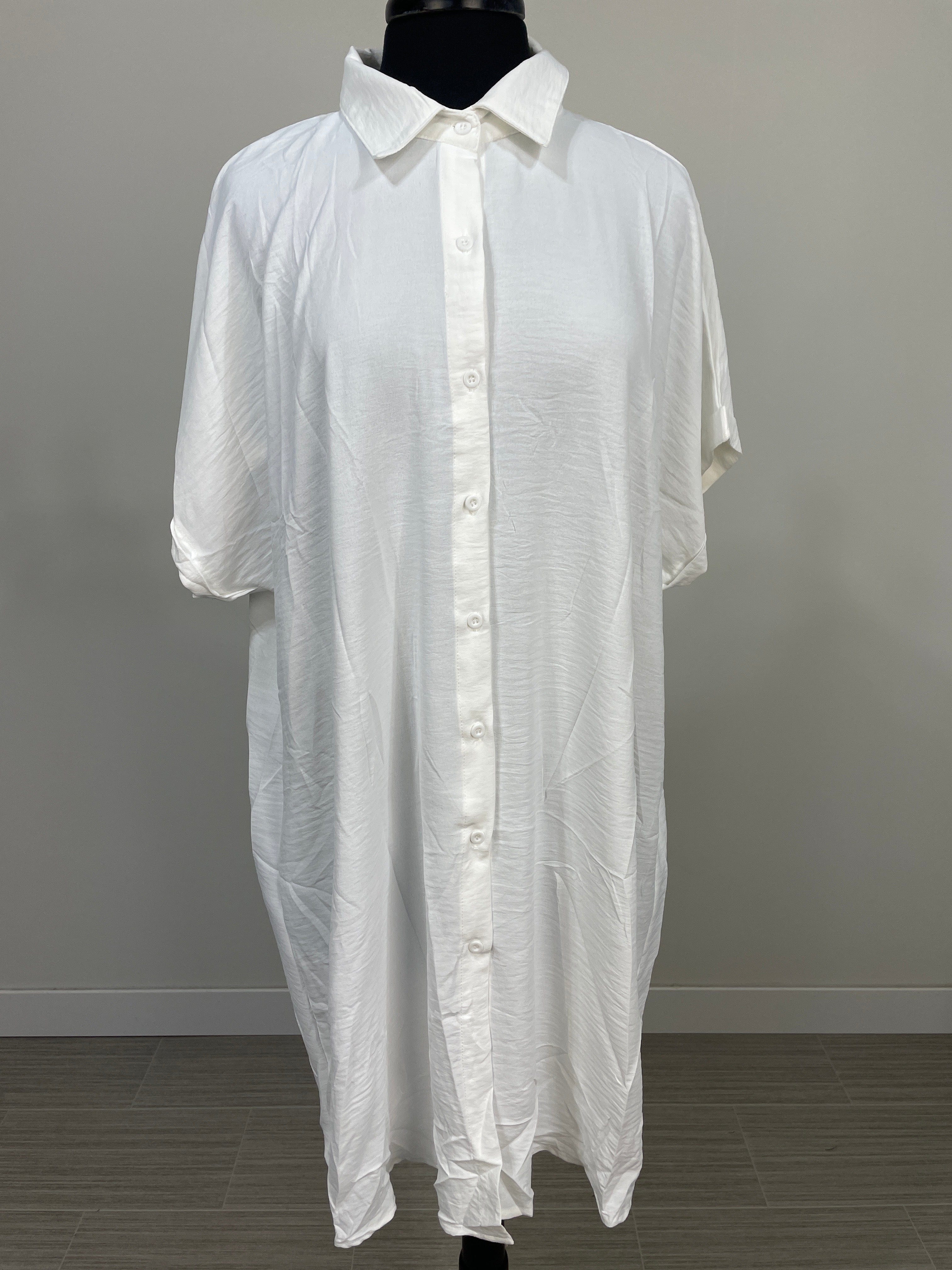 White Rolled Sleeve Button Dress