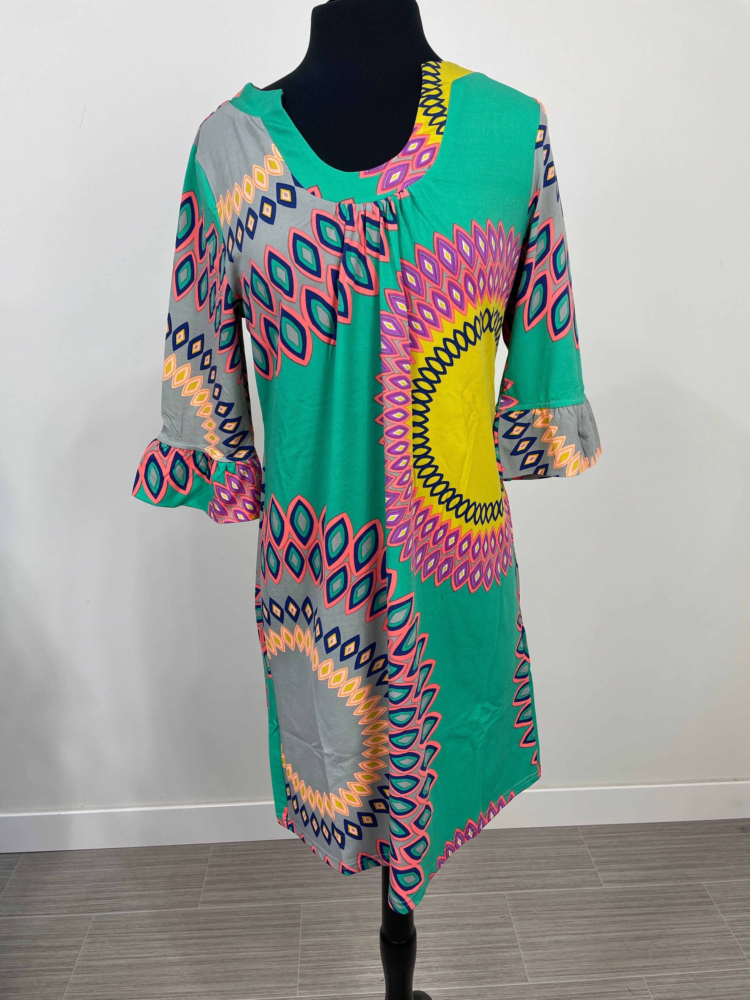 Kelly Green Madallion Nicole Ruffle Sleeve Dress