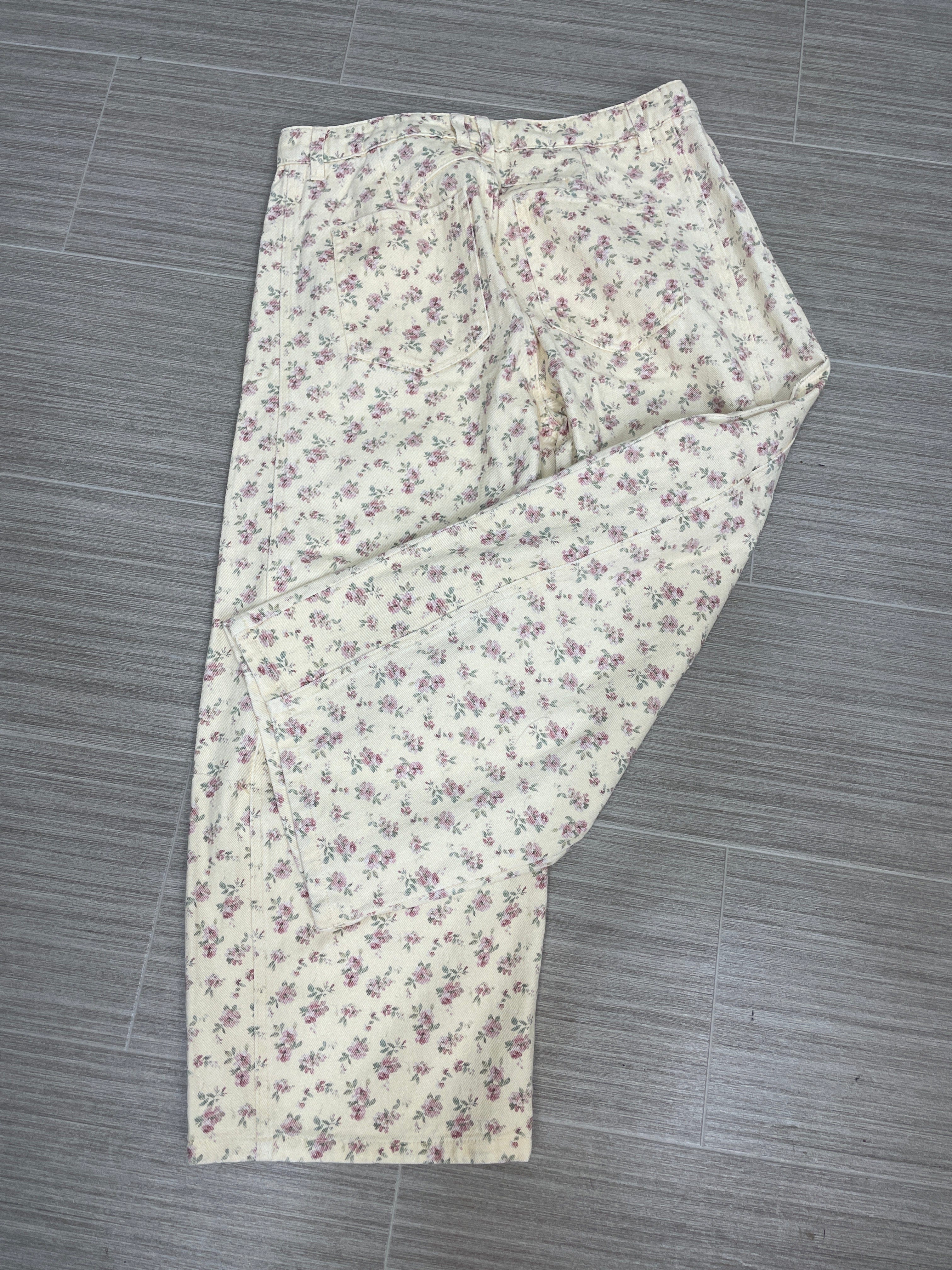 Cream Floral Wide Barrel Jeans