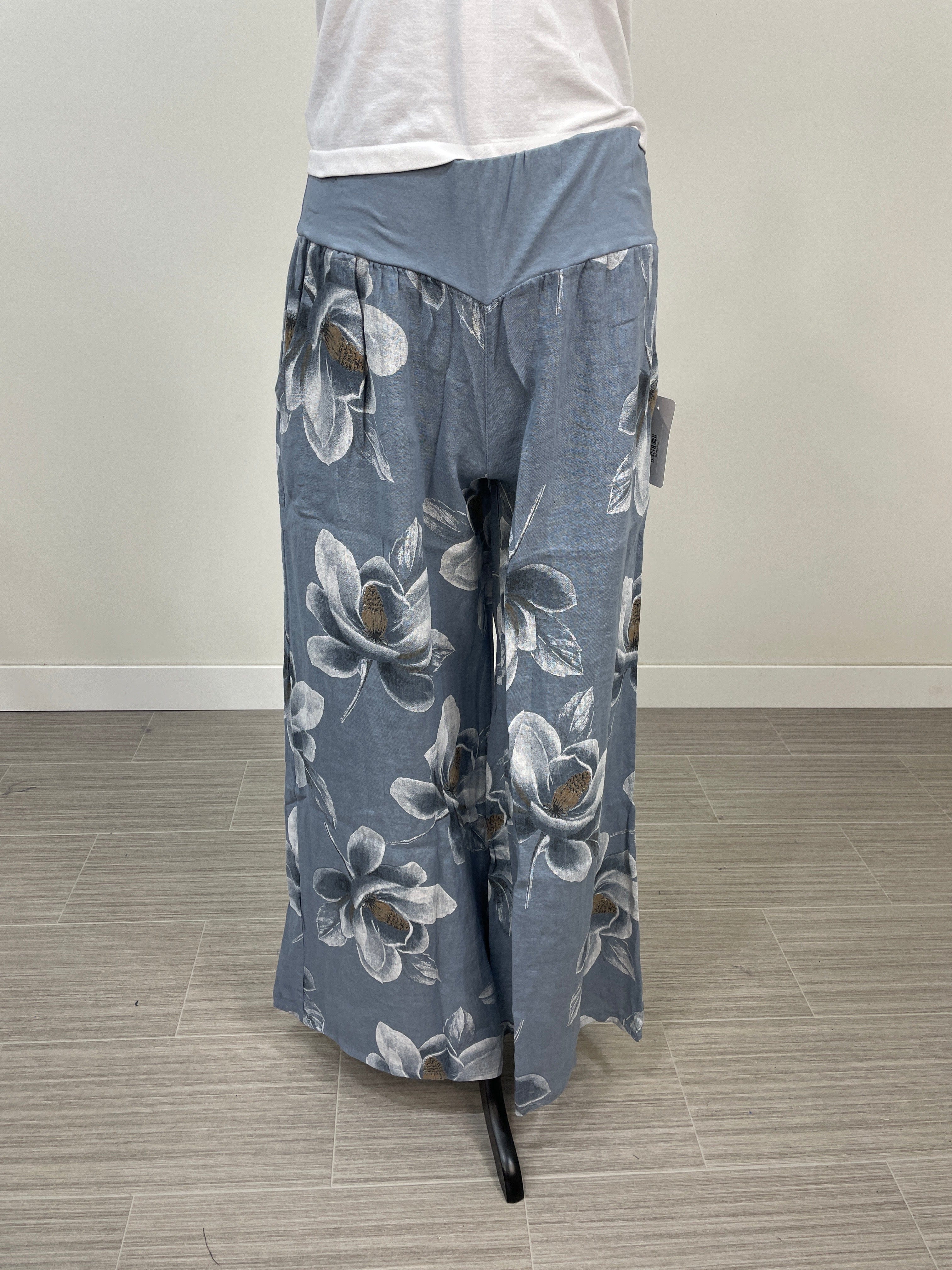 Denim Floral Linen Wide Leg Pants