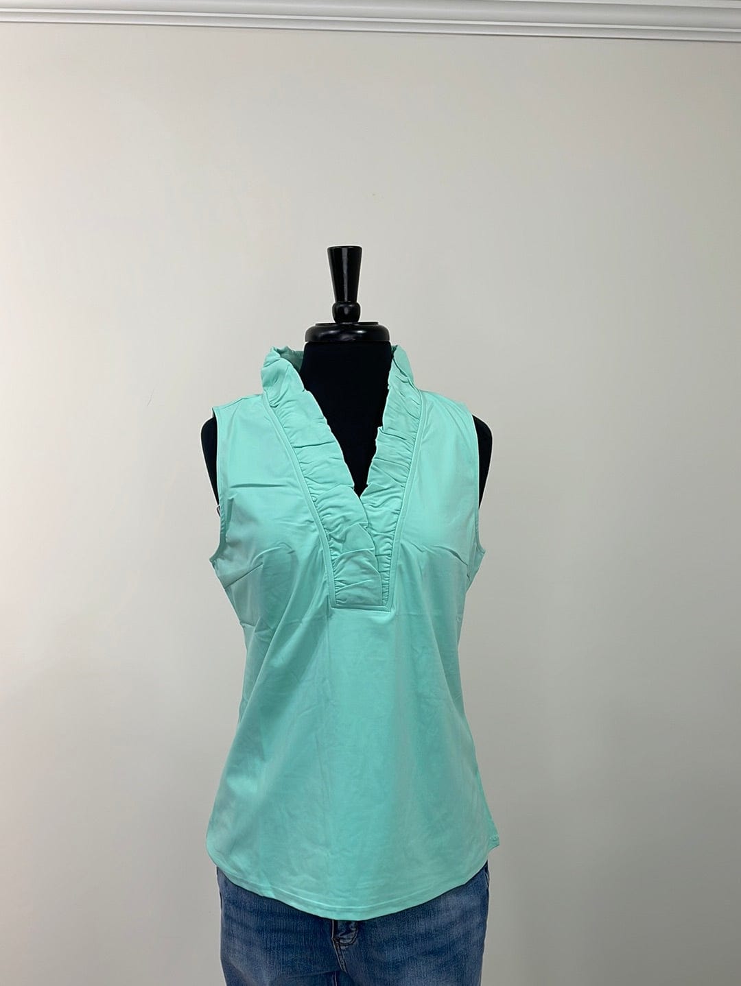 Mint Ruffle Neckline Sleeveless Top