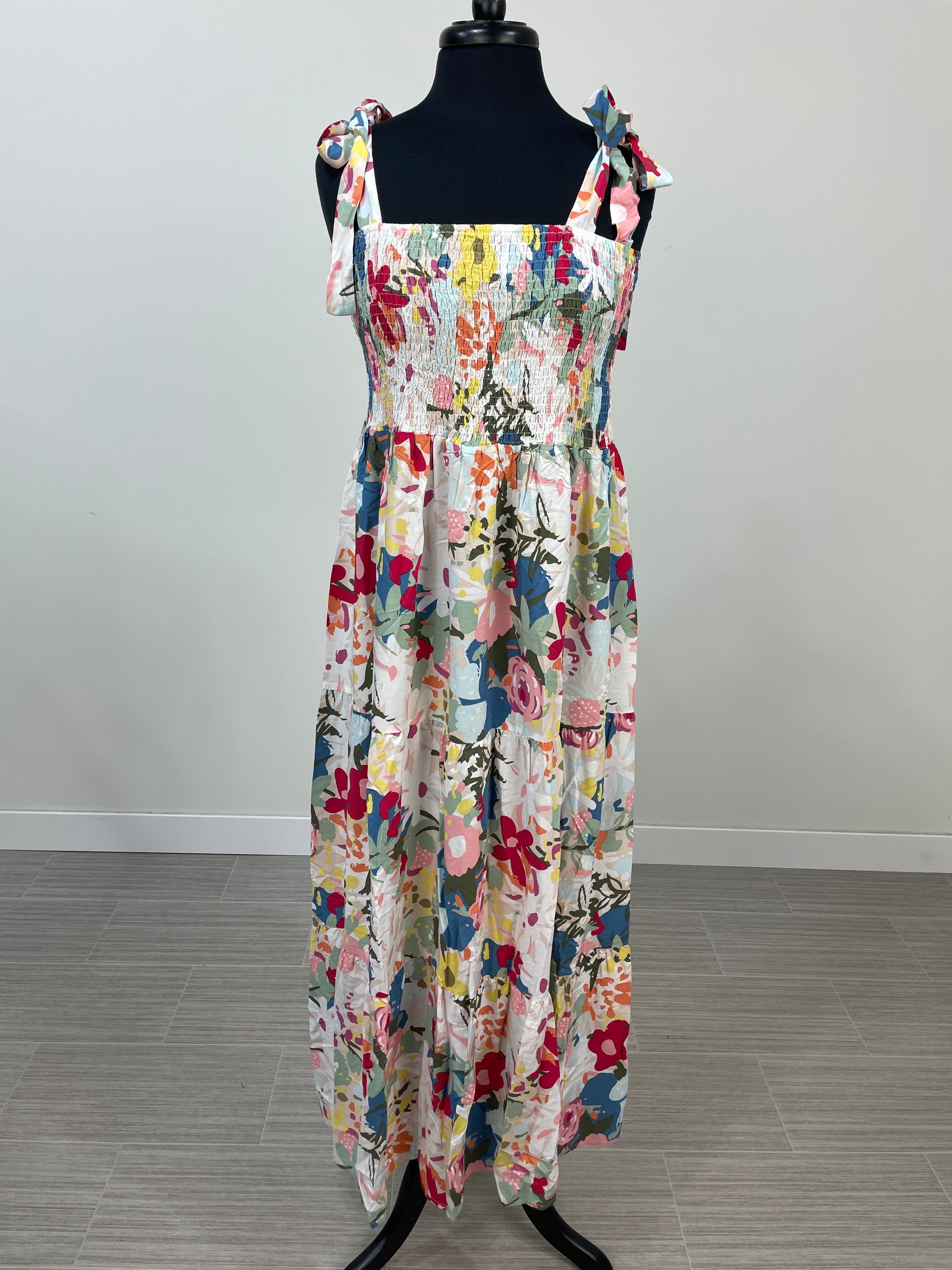 Multi Floral Smocked Tie Strap Dress