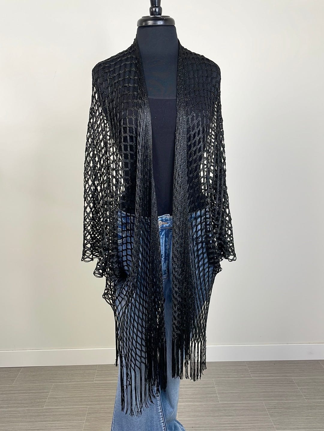 Black Metallic Crochet Fringe Kimono