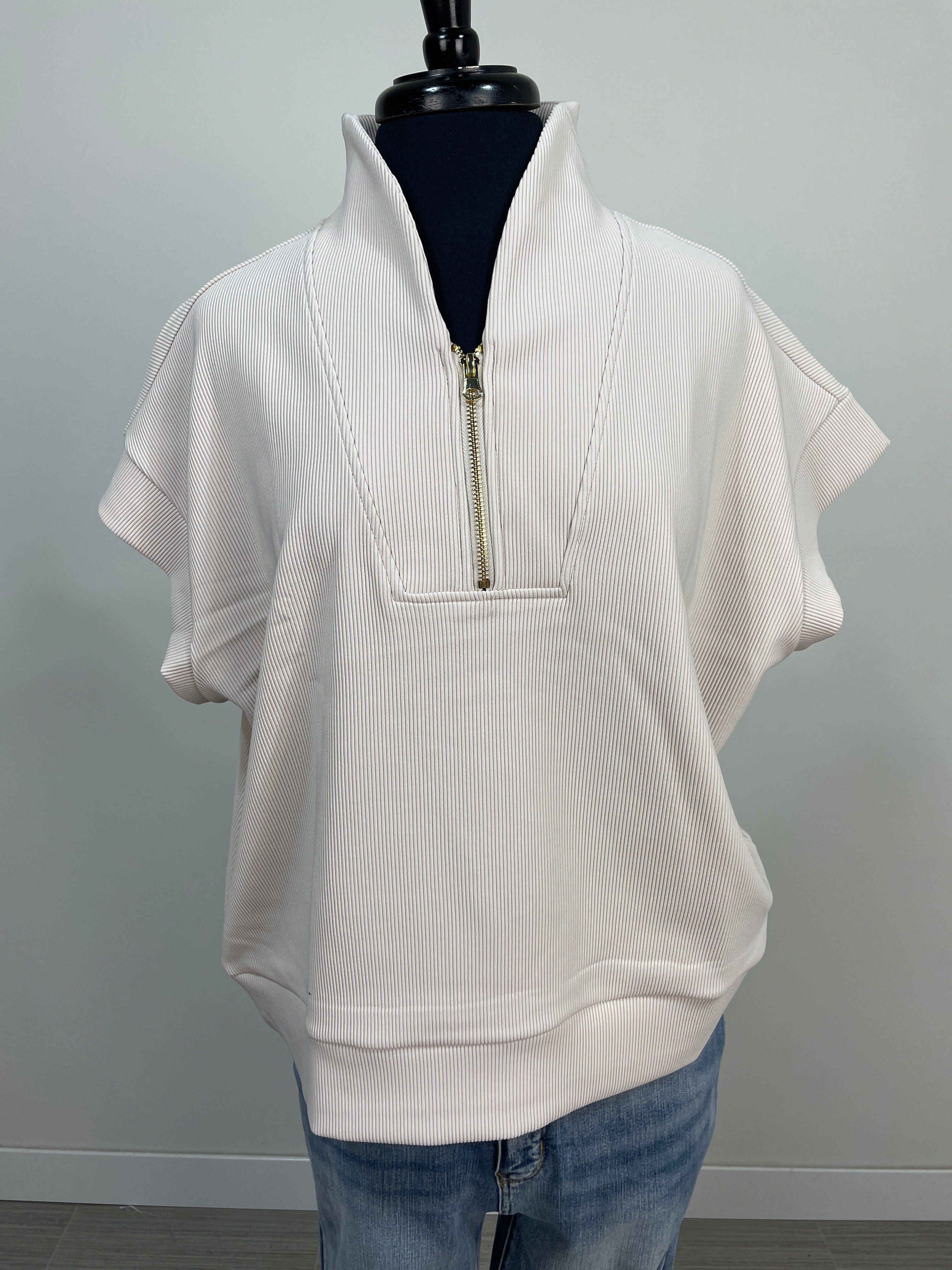 Beige Rib High Neck Zip Top