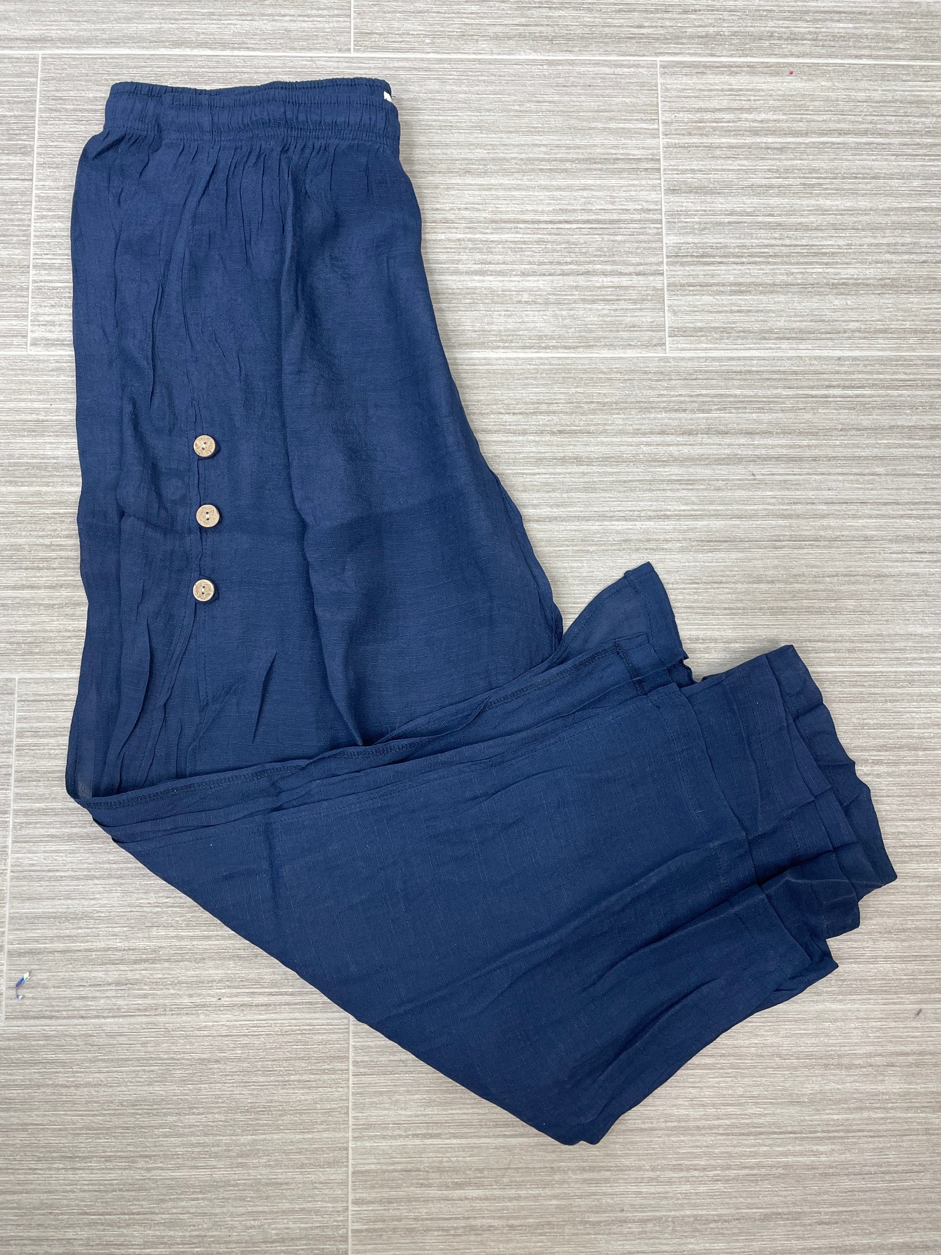 Navy Flowy Side Button Gauze Pant