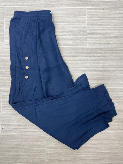 Navy Flowy Side Button Gauze Pant