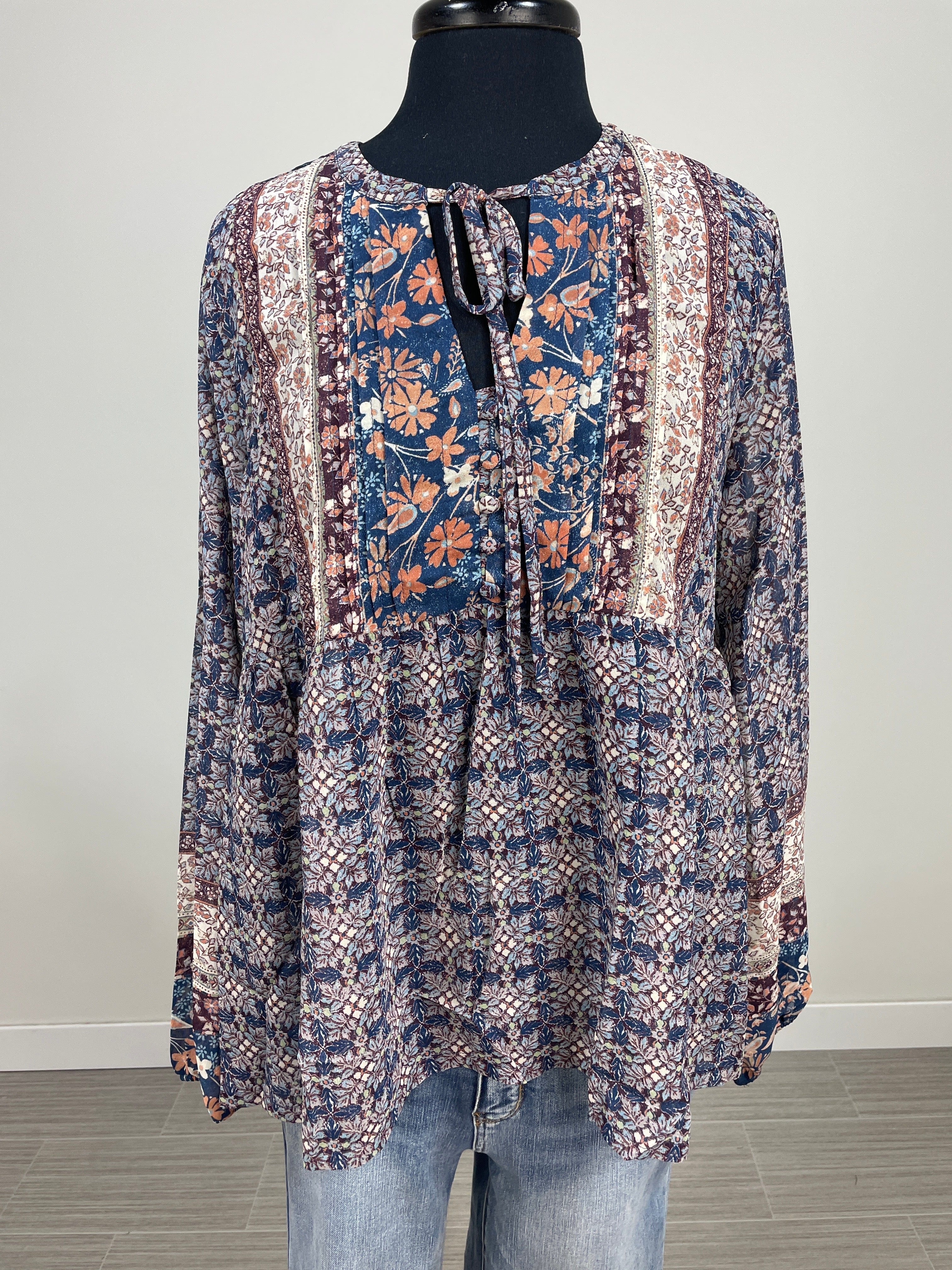 Navy Printed Peasant Blouse