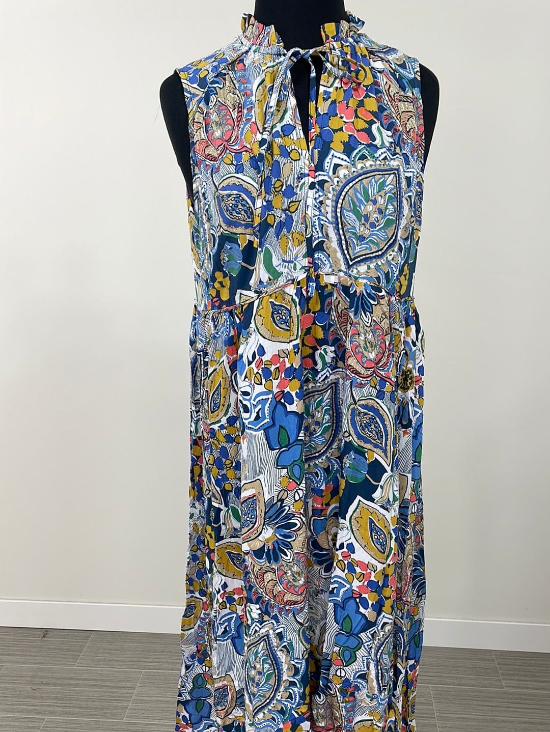 Blue & Paisley Ruffle Neck Midi Dress